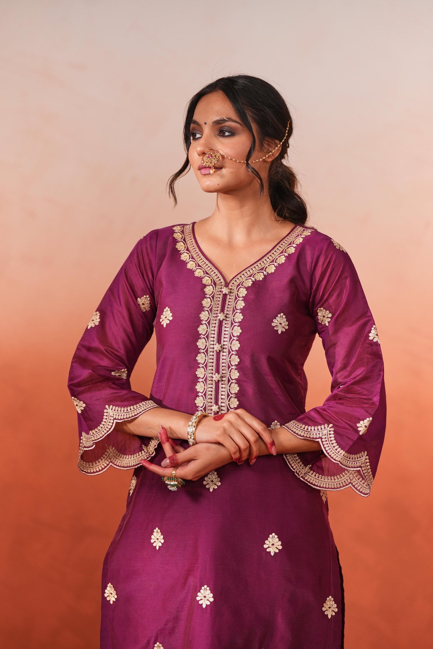 Raatrani - Wine Embroidered Chanderi Suit Set