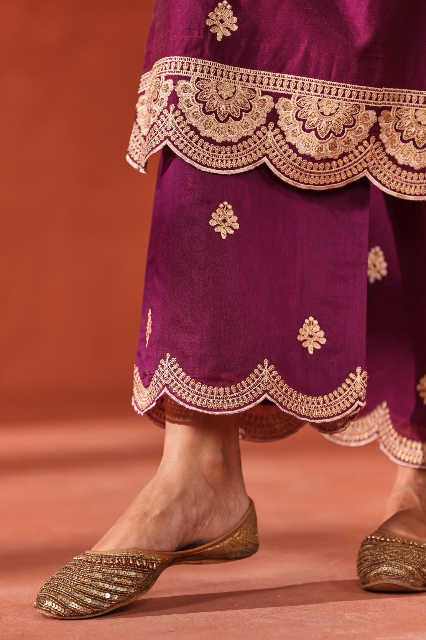 Raatrani - Wine Embroidered Chanderi Suit Set