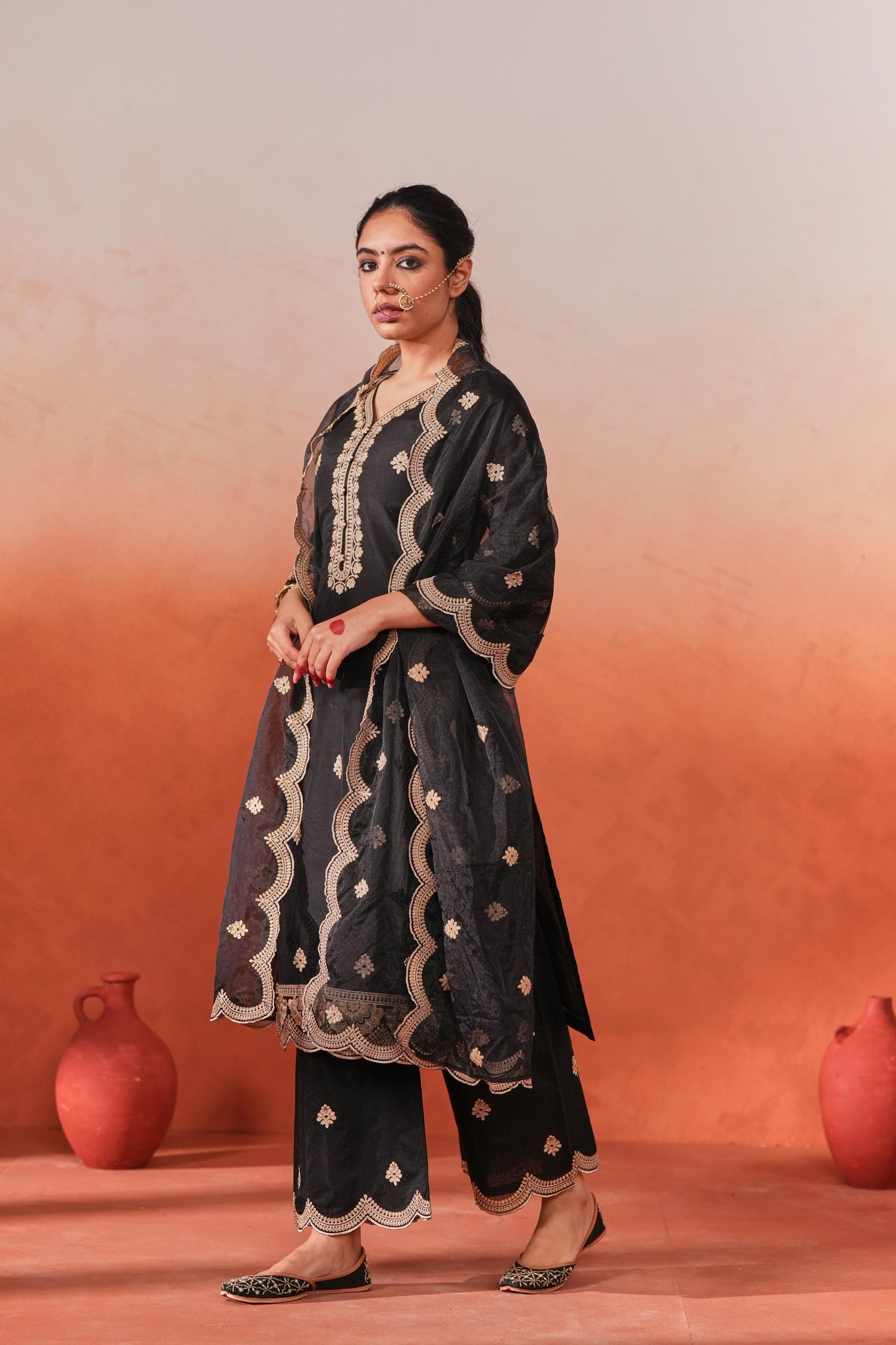 Deviya Singh in Rangraas - Black embroidered chanderi silk suit set