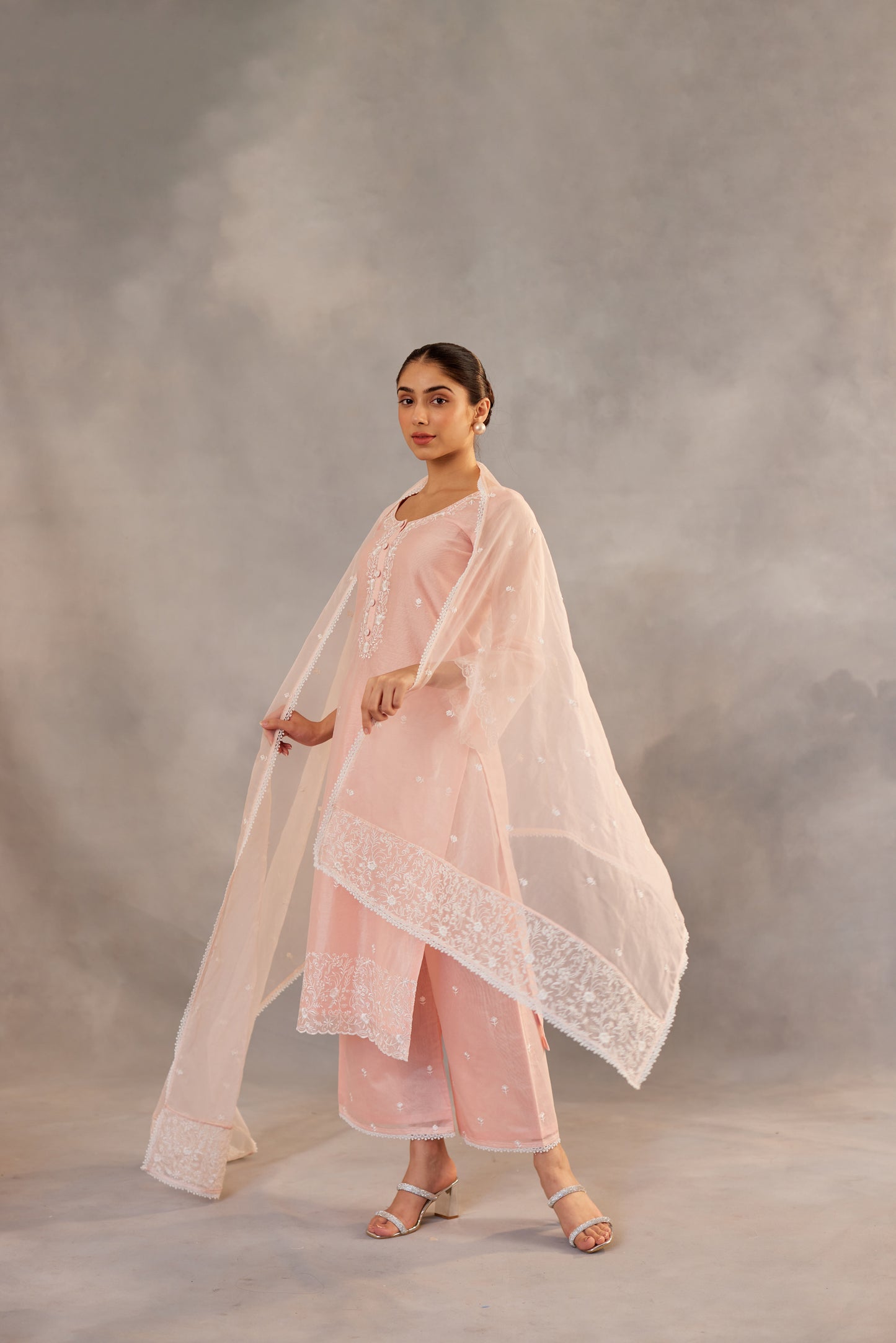 Pranutan Bahl in Nargis - Peach Embroidered Suit Set.