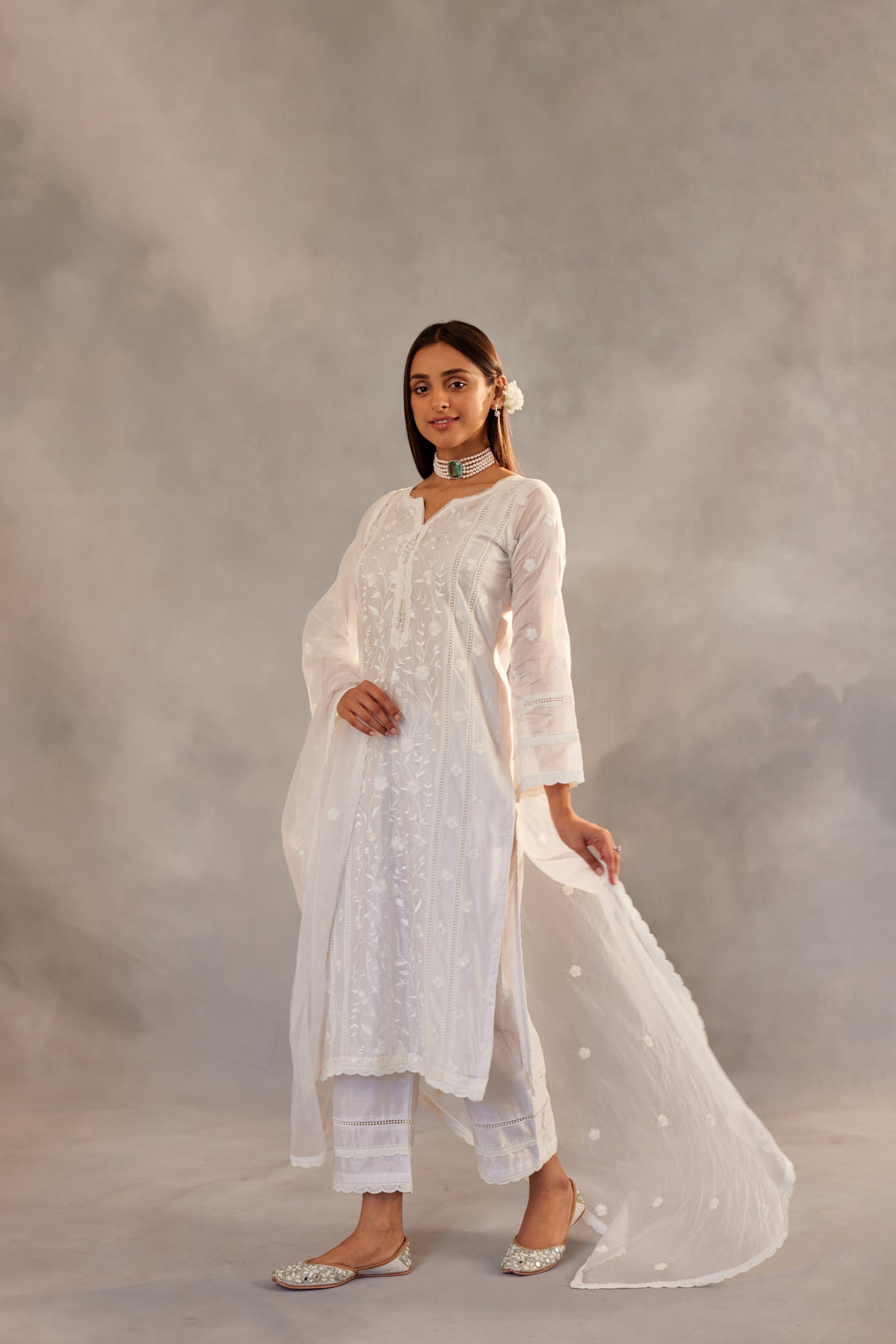 Motiya - Egg White Embroidered Suit Set.
