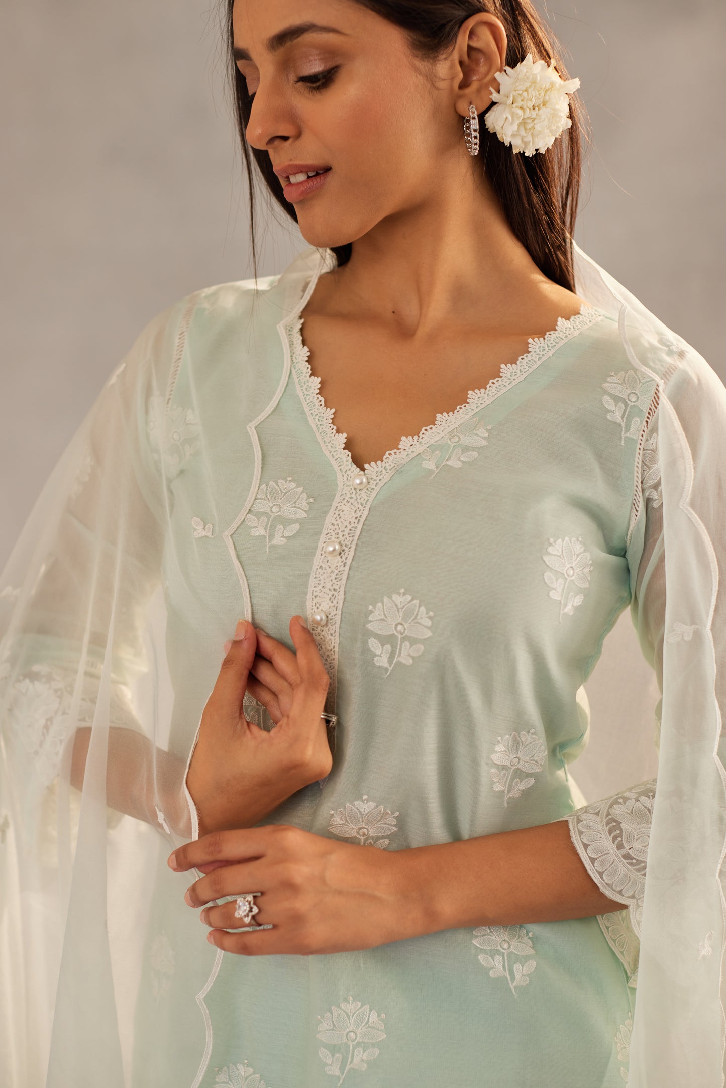Tanisha Puri in Neelkamal - Mint Green Embroidered Suit Set.