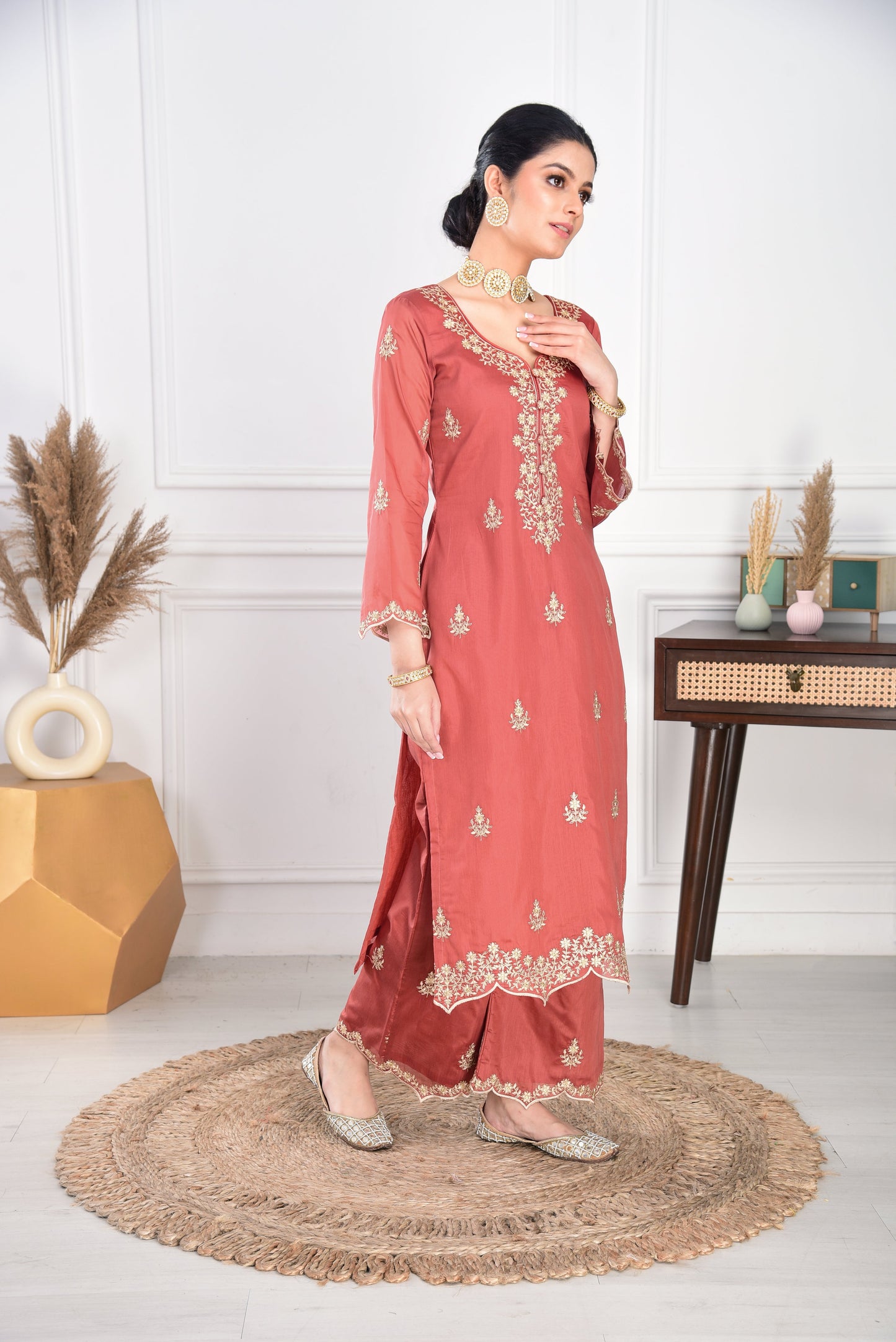 Kreesha in Rust Chanderi Suit Set