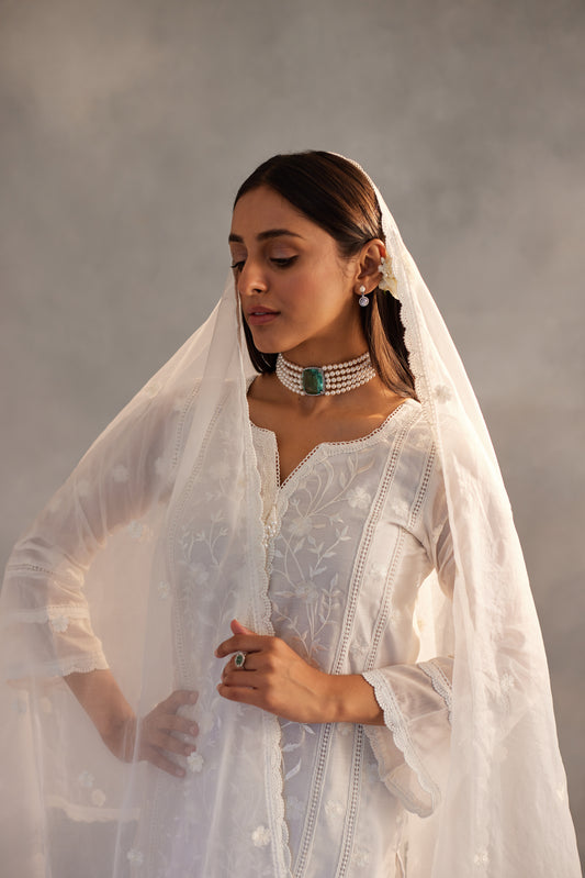 Motiya - Egg White Embroidered Suit Set.