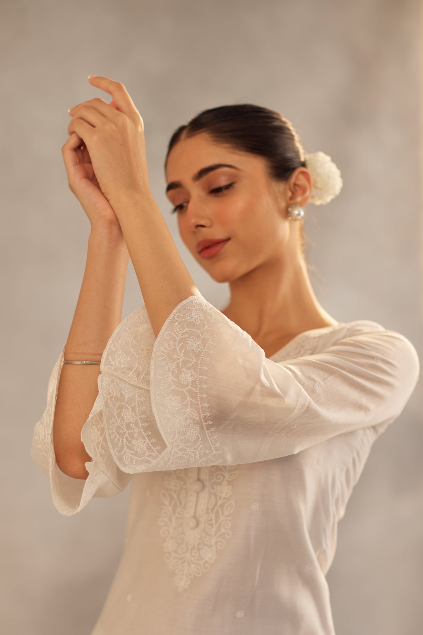 Dhirti Mehra in Juhi - Egg White Embroidered Suit Set