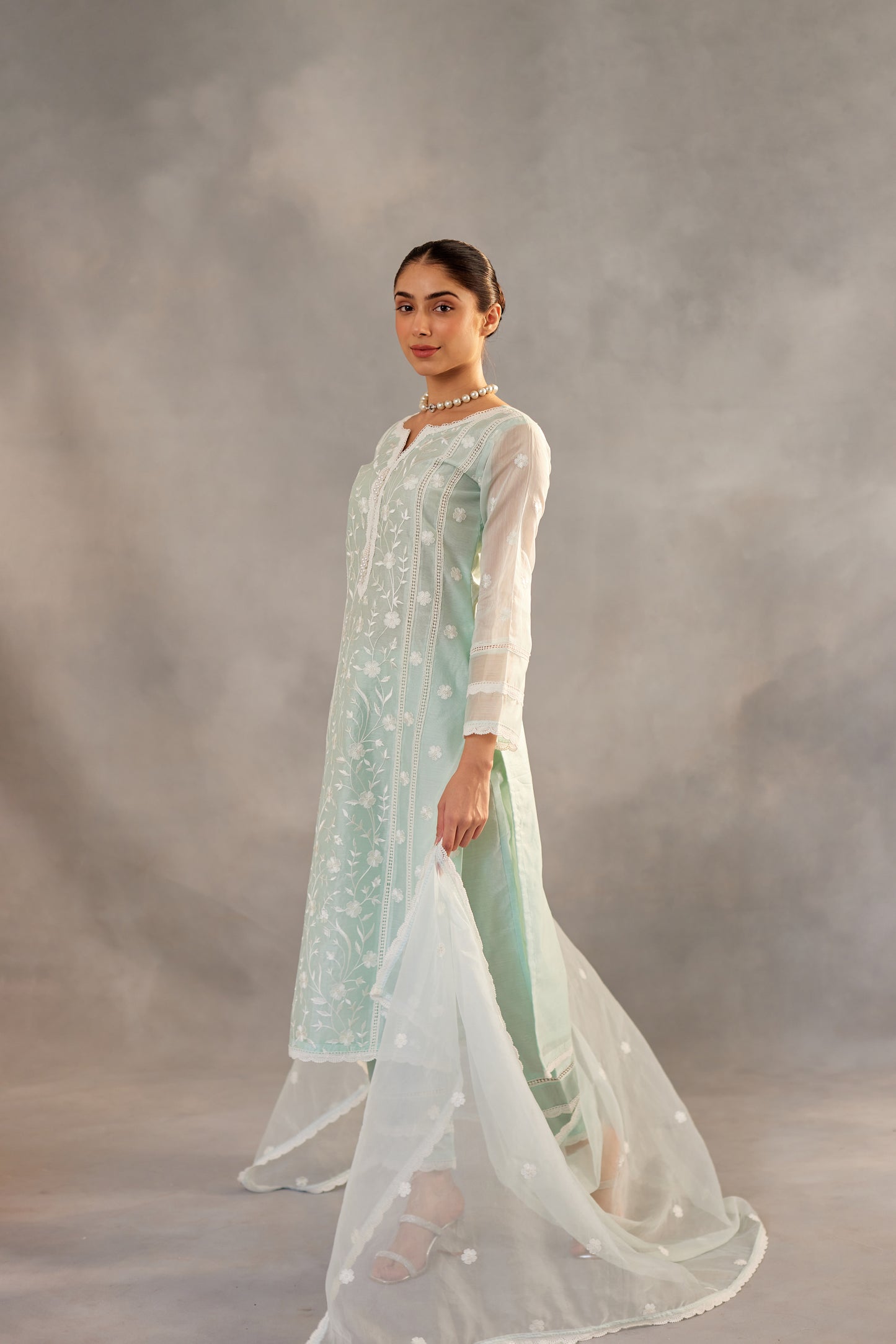 Gulbahar - Mint Green Embroidered Suit Set.