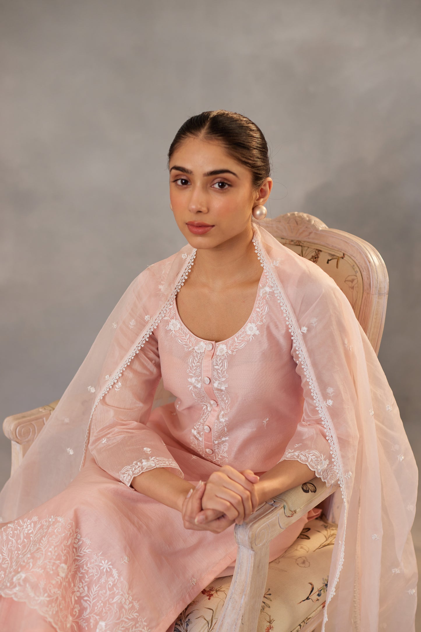 Pranutan Bahl in Nargis - Peach Embroidered Suit Set.