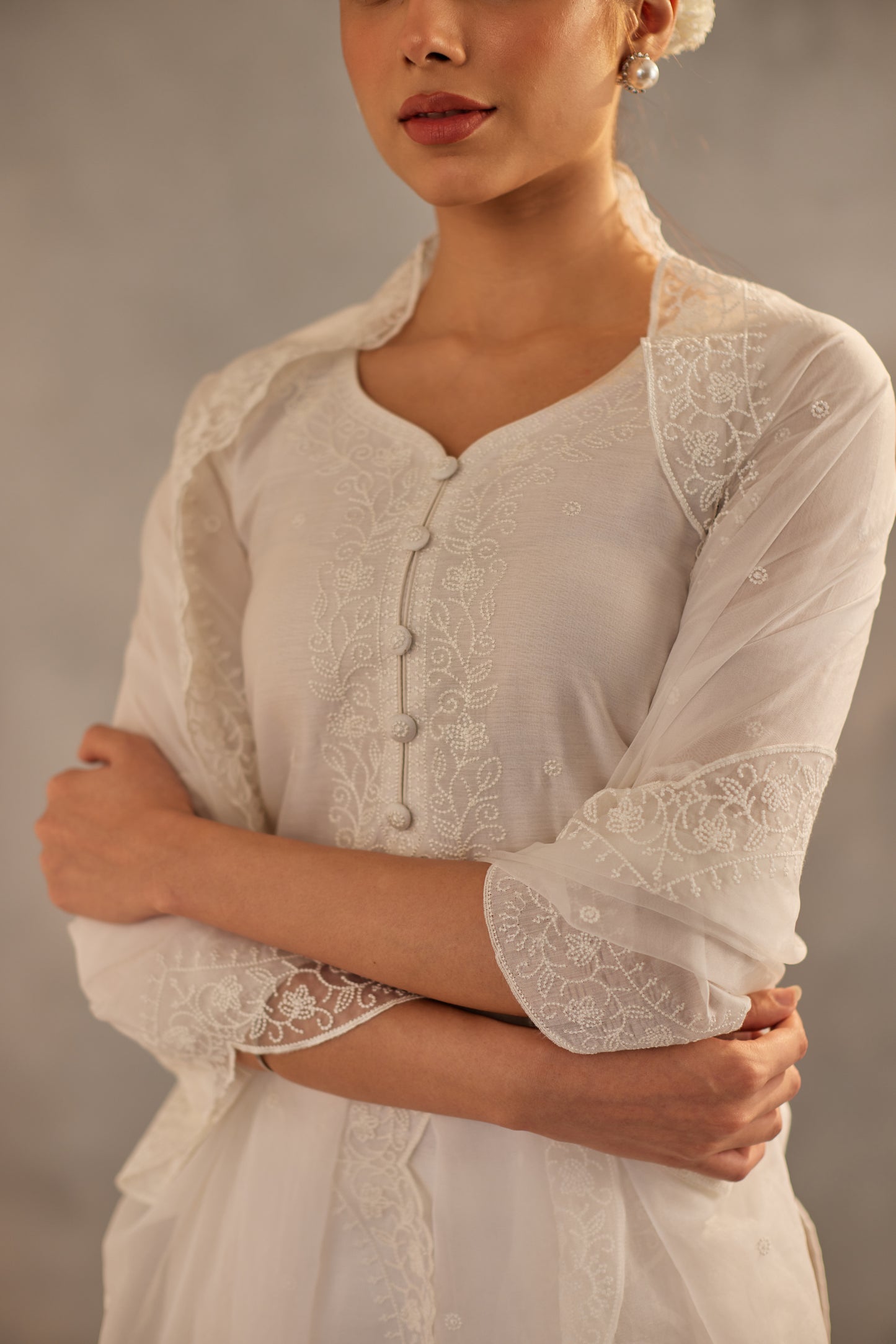 Juhi - Egg White Embroidered Suit Set.