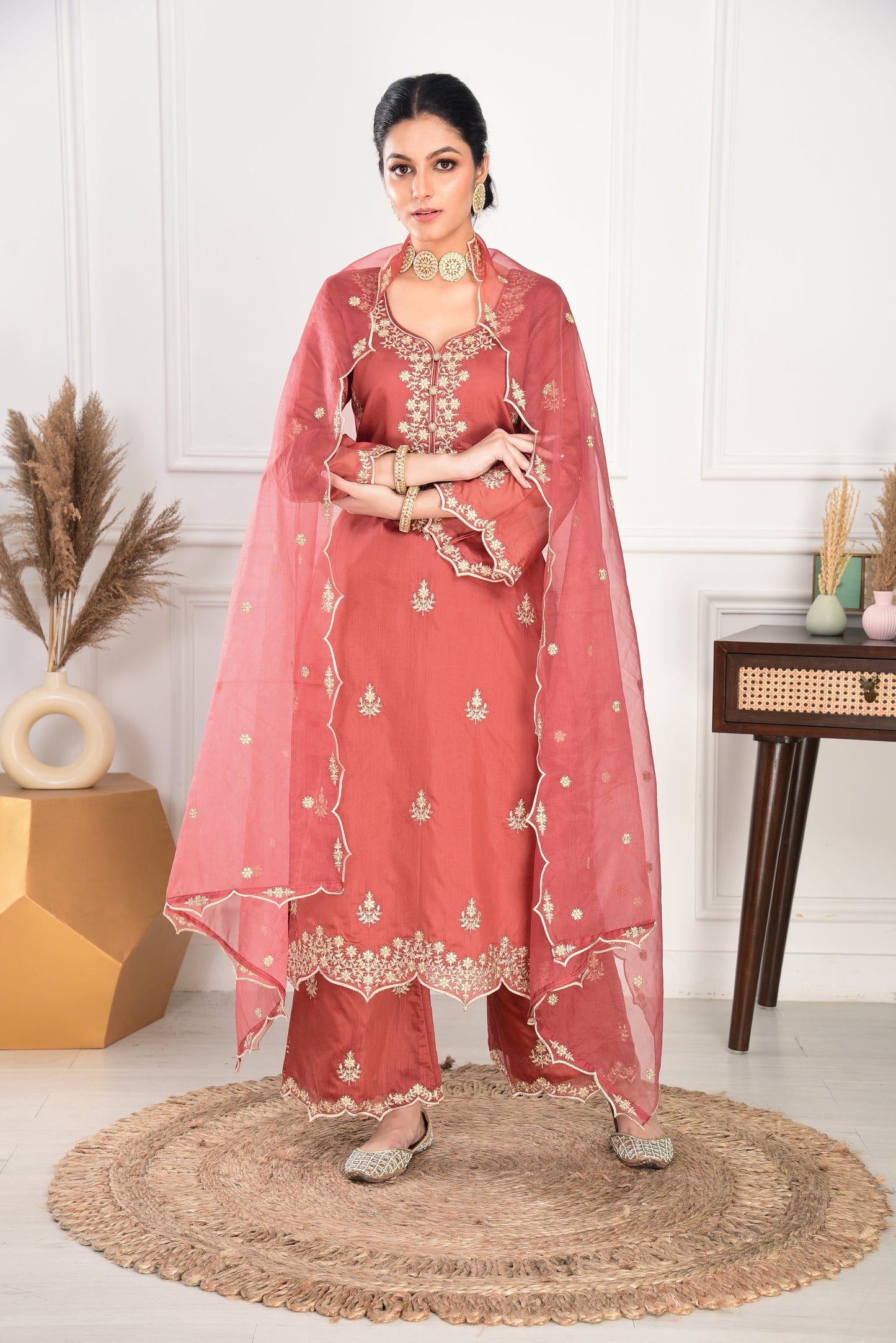 Kreesha in Rust Chanderi Suit Set