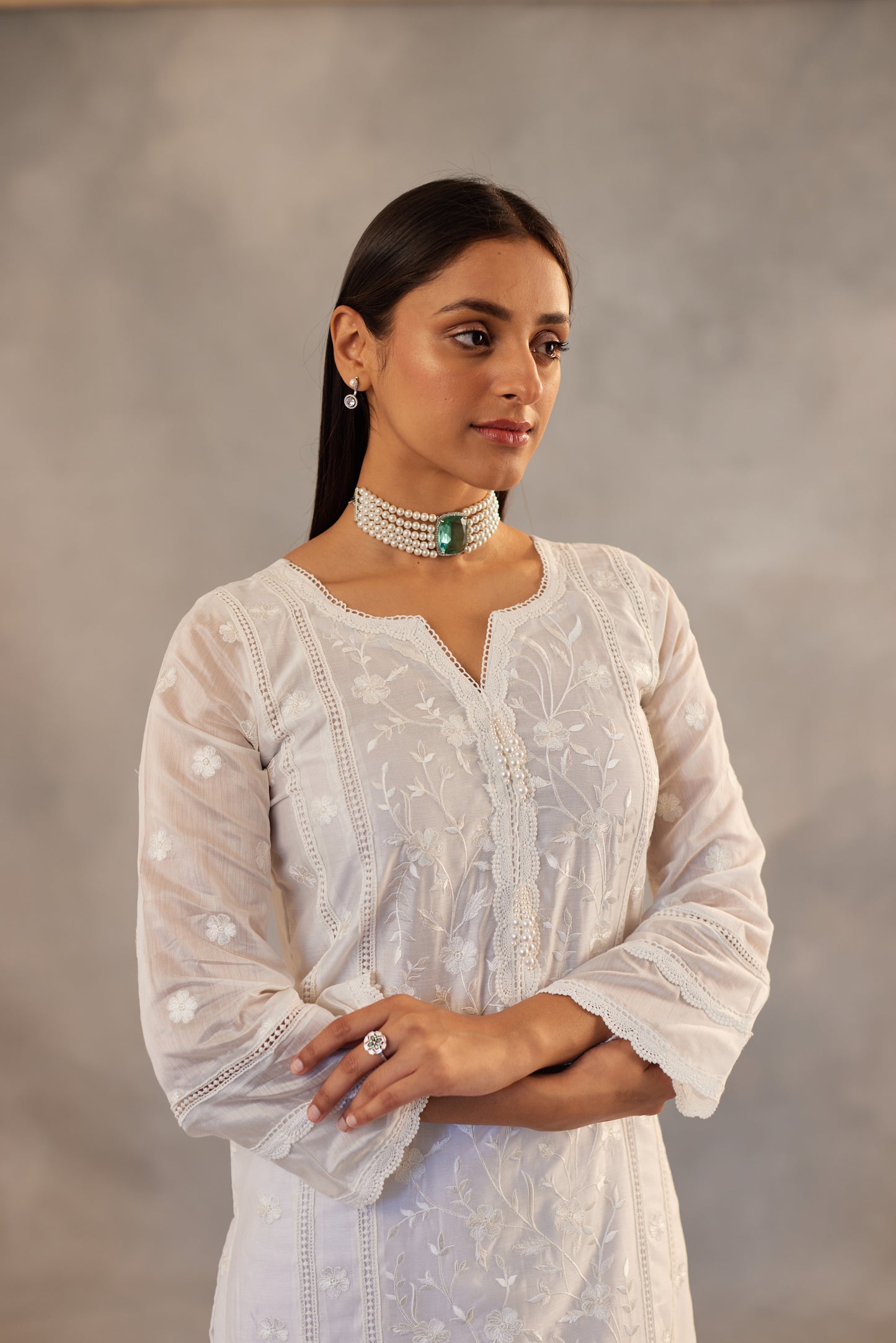 Motiya - Egg White Embroidered Suit Set.