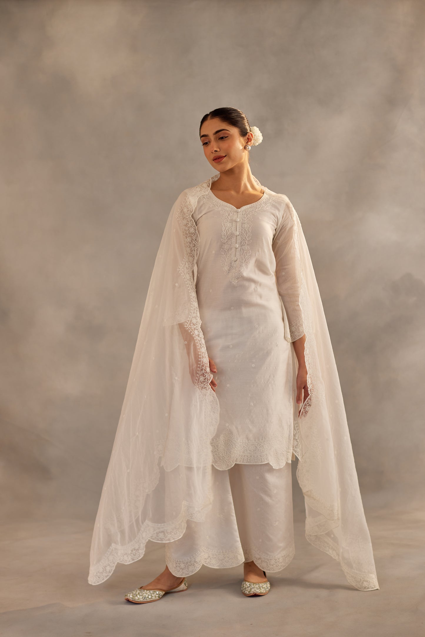 Juhi - Egg White Embroidered Suit Set.