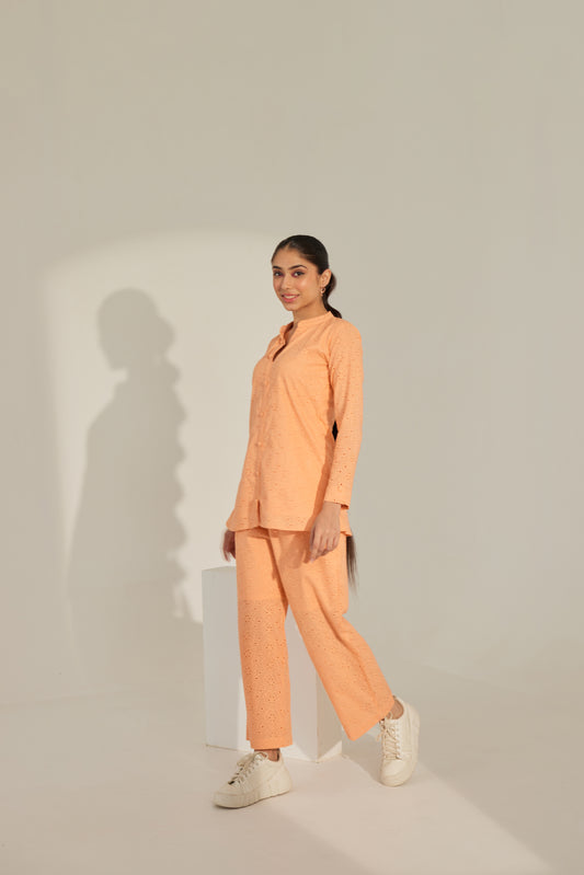 Peach Chikankari Summer Co-ord Set.