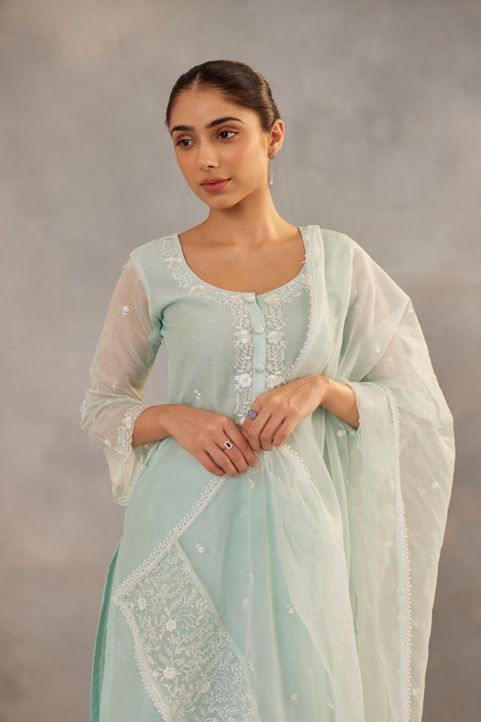 Savani - Mint Green Embroidered Suit Set.
