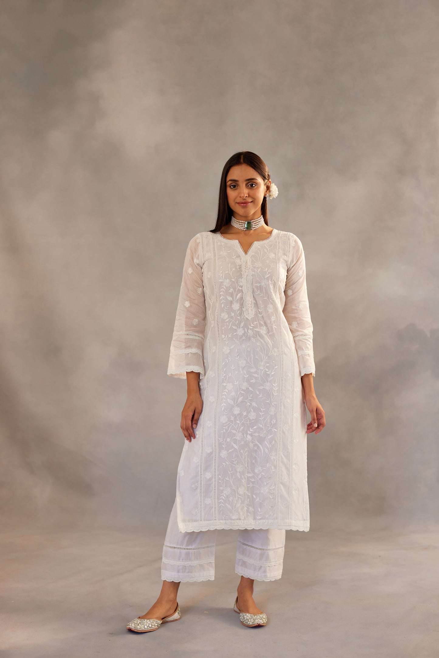Motiya - Egg White Embroidered Suit Set.