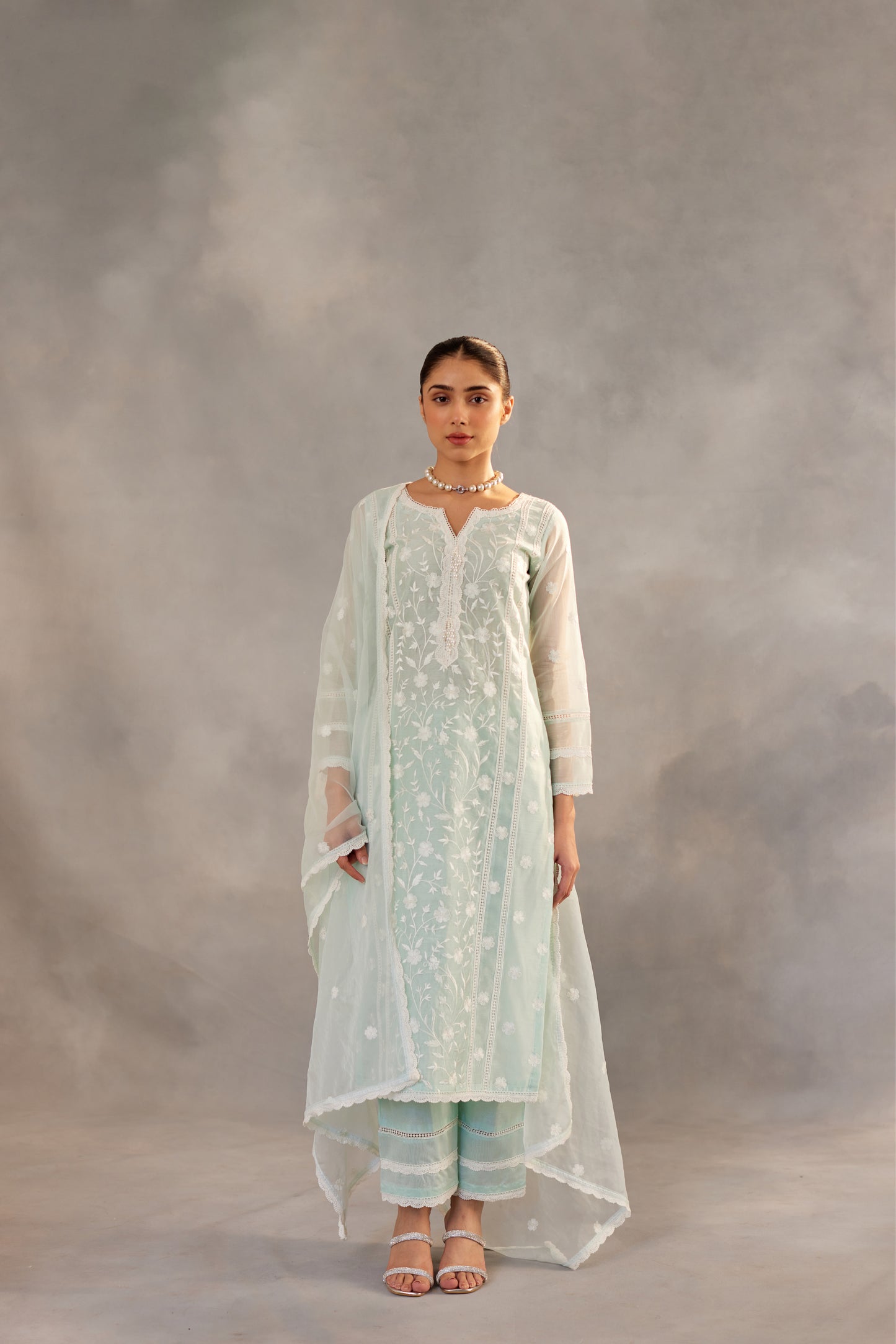 Gulbahar - Mint Green Embroidered Suit Set.