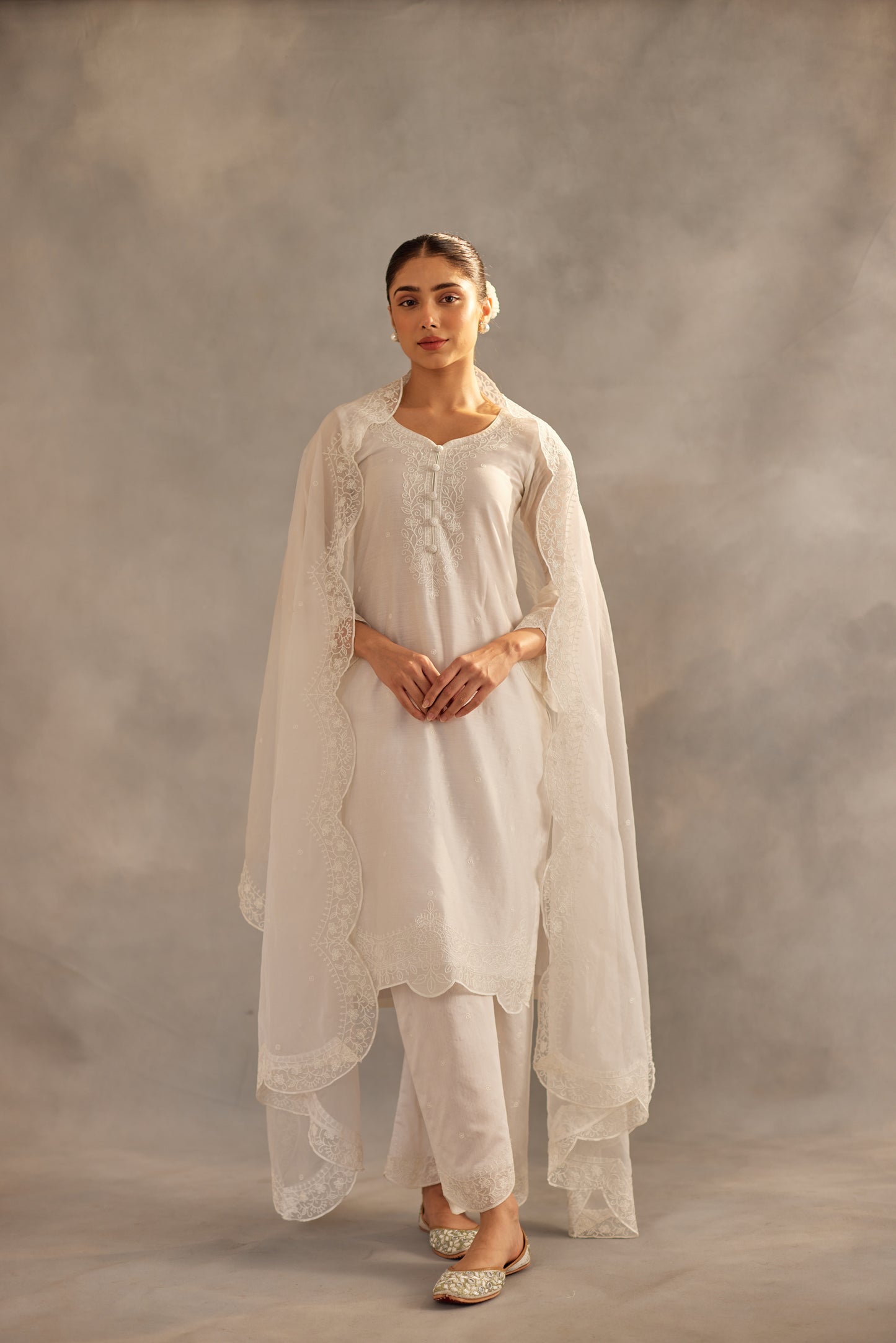 Juhi - Egg White Embroidered Suit Set.