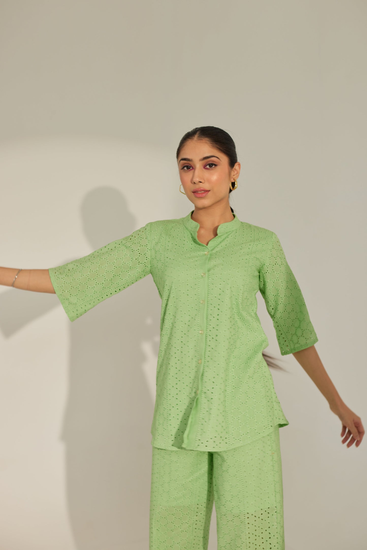 Shreya Lakhani in Green Chikankari Summer Co-ord Set.