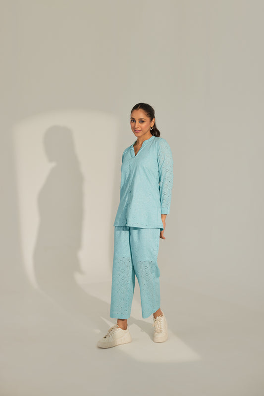 Blue Chikankari Summer Co-ord Set.