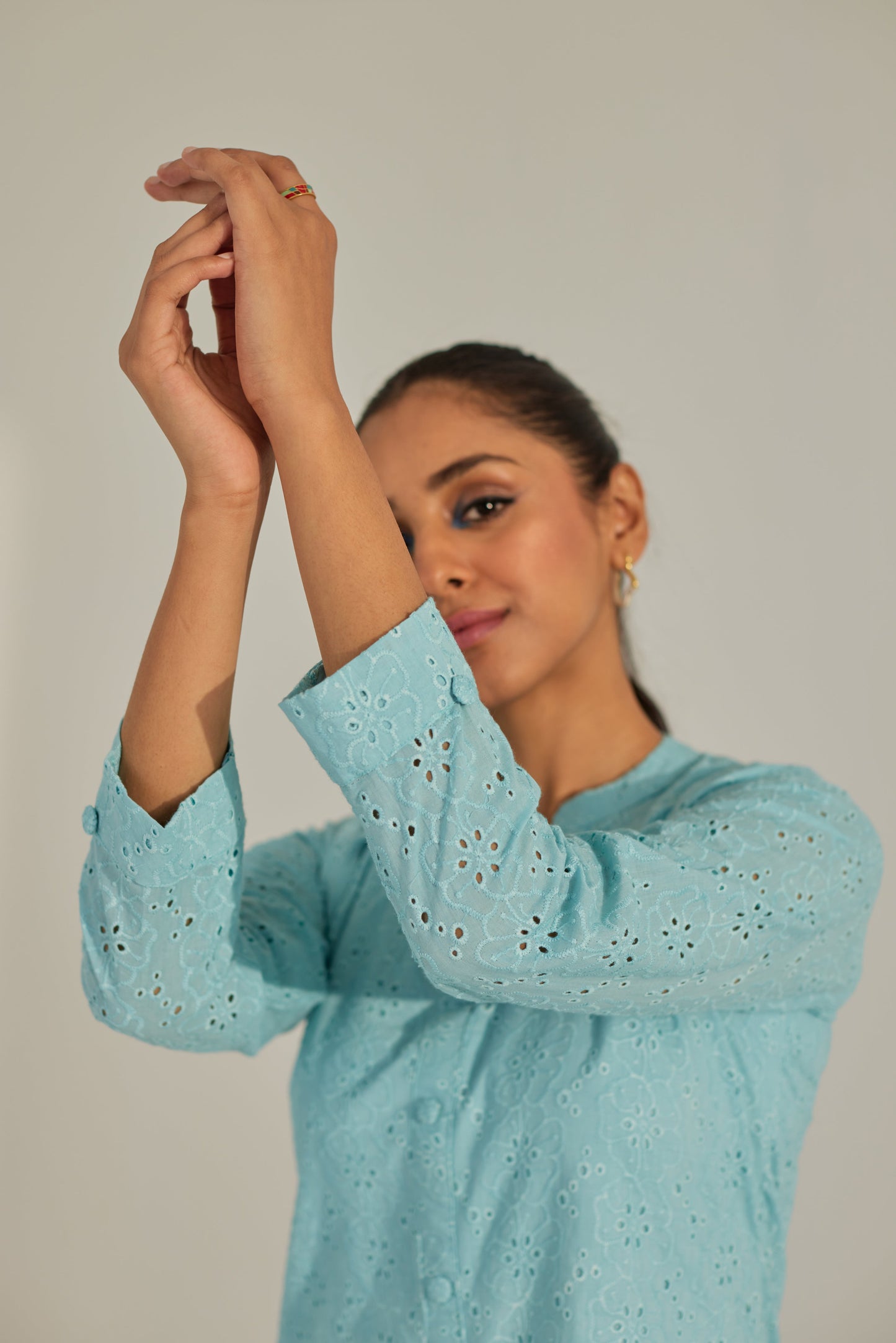 Shreya Lakhani in Blue Chikankari Summer Co-ord Set.