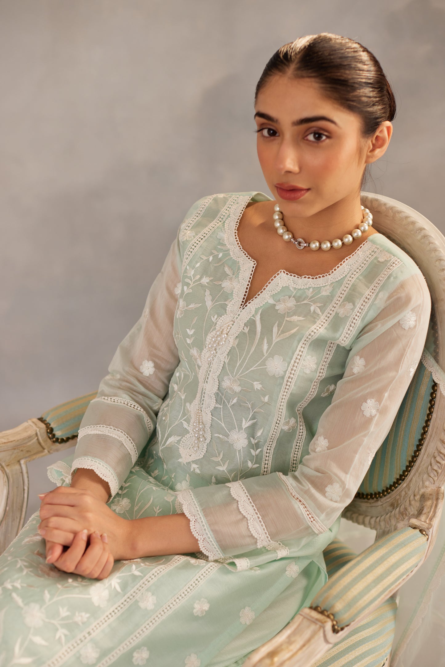 Gulbahar - Mint Green Embroidered Suit Set.
