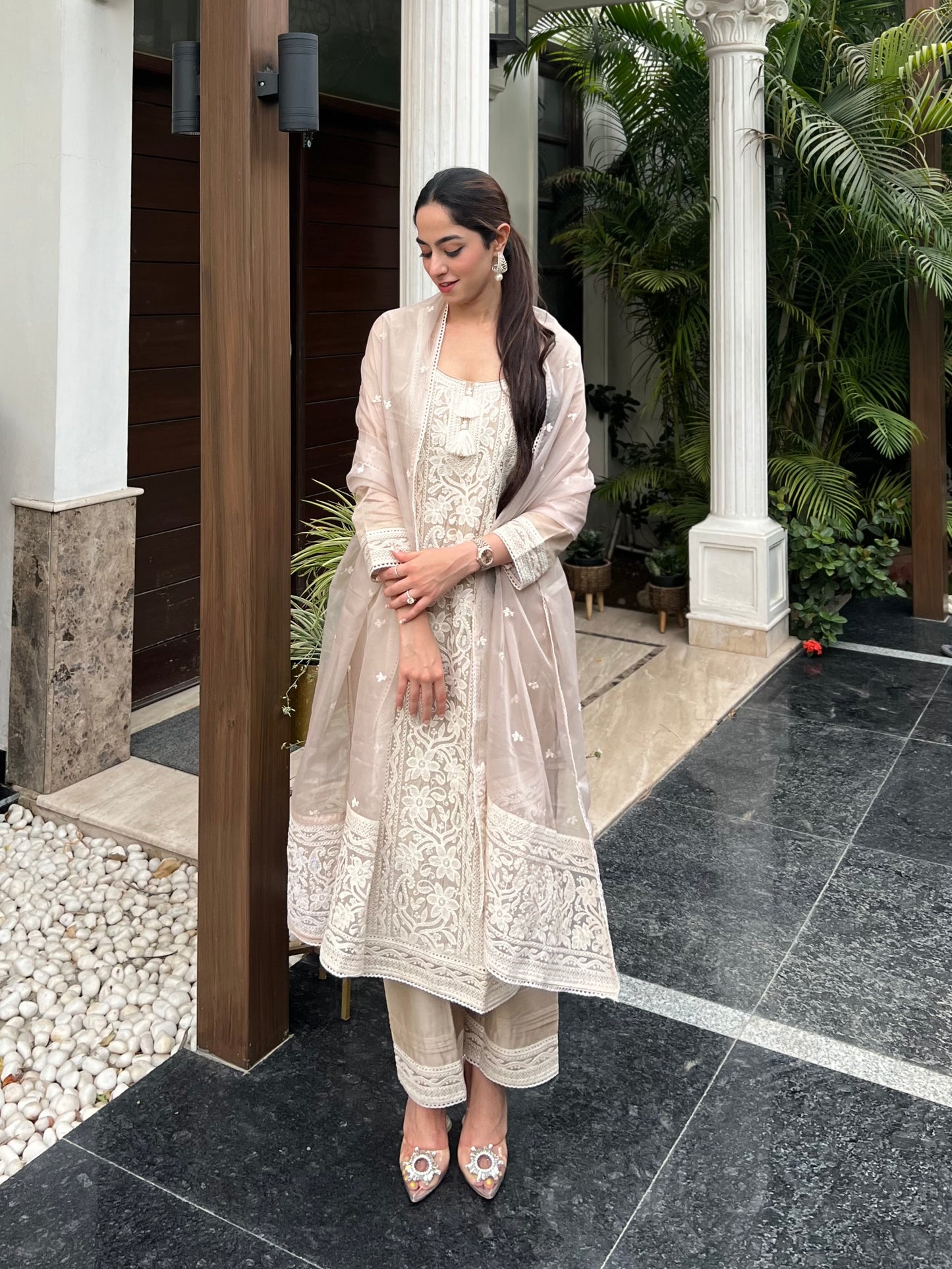 Jasnoor Anand in Hazel Beige Chanderi Suit Set
