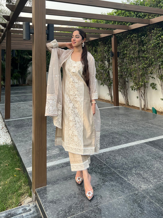 Jasnoor Anand in Hazel Beige Chanderi Suit Set