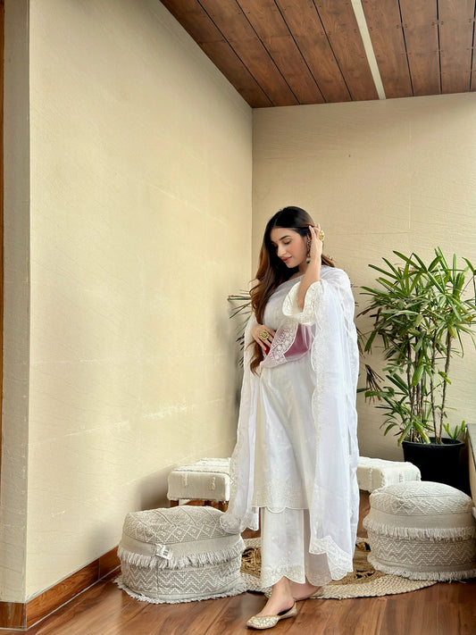 Tanya Sharma in Juhi - Egg White Embroidered Suit Set.