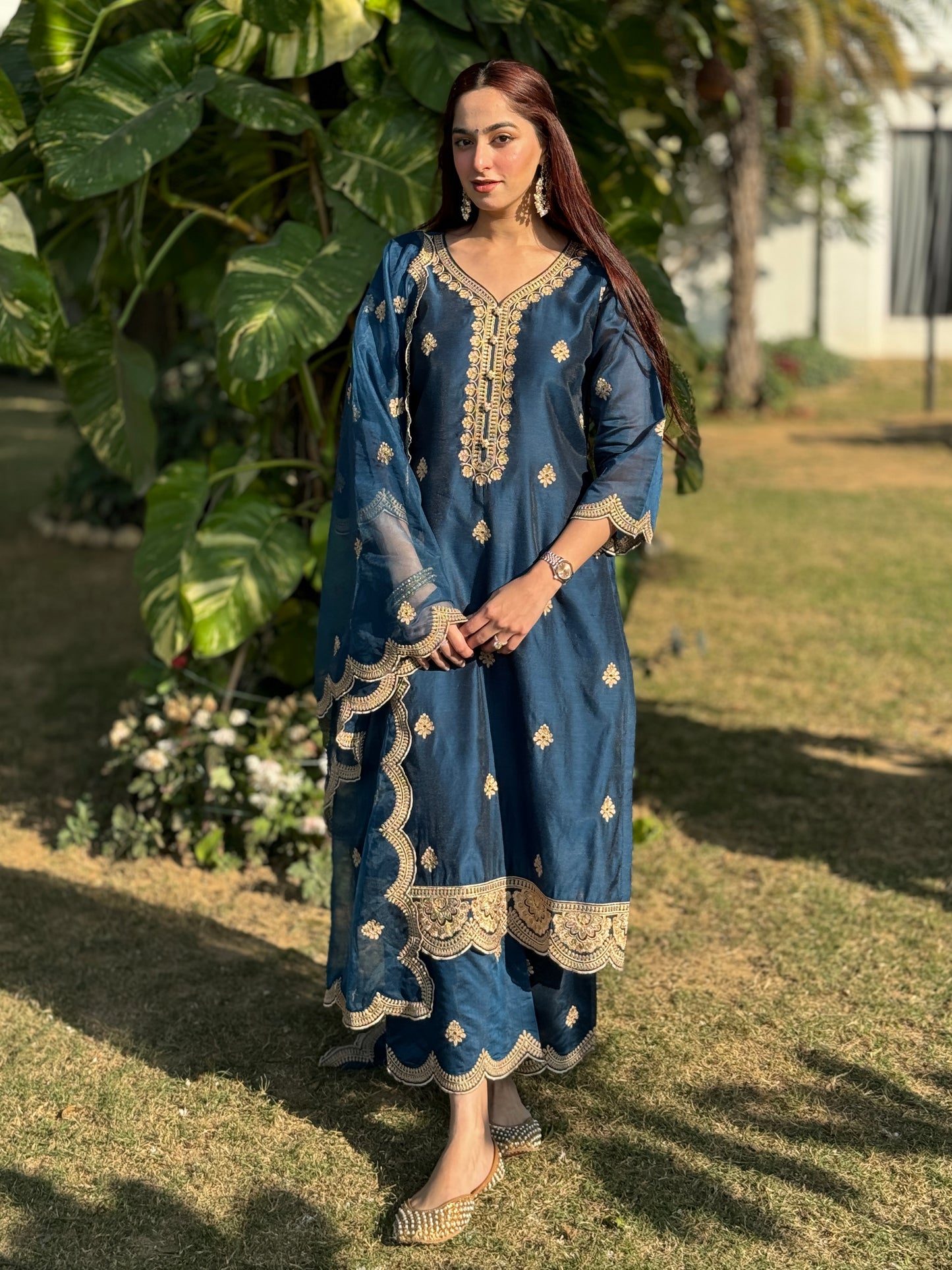 Jasnoor Anand in Gul- Blue Embroidered Chanderi Suit Set