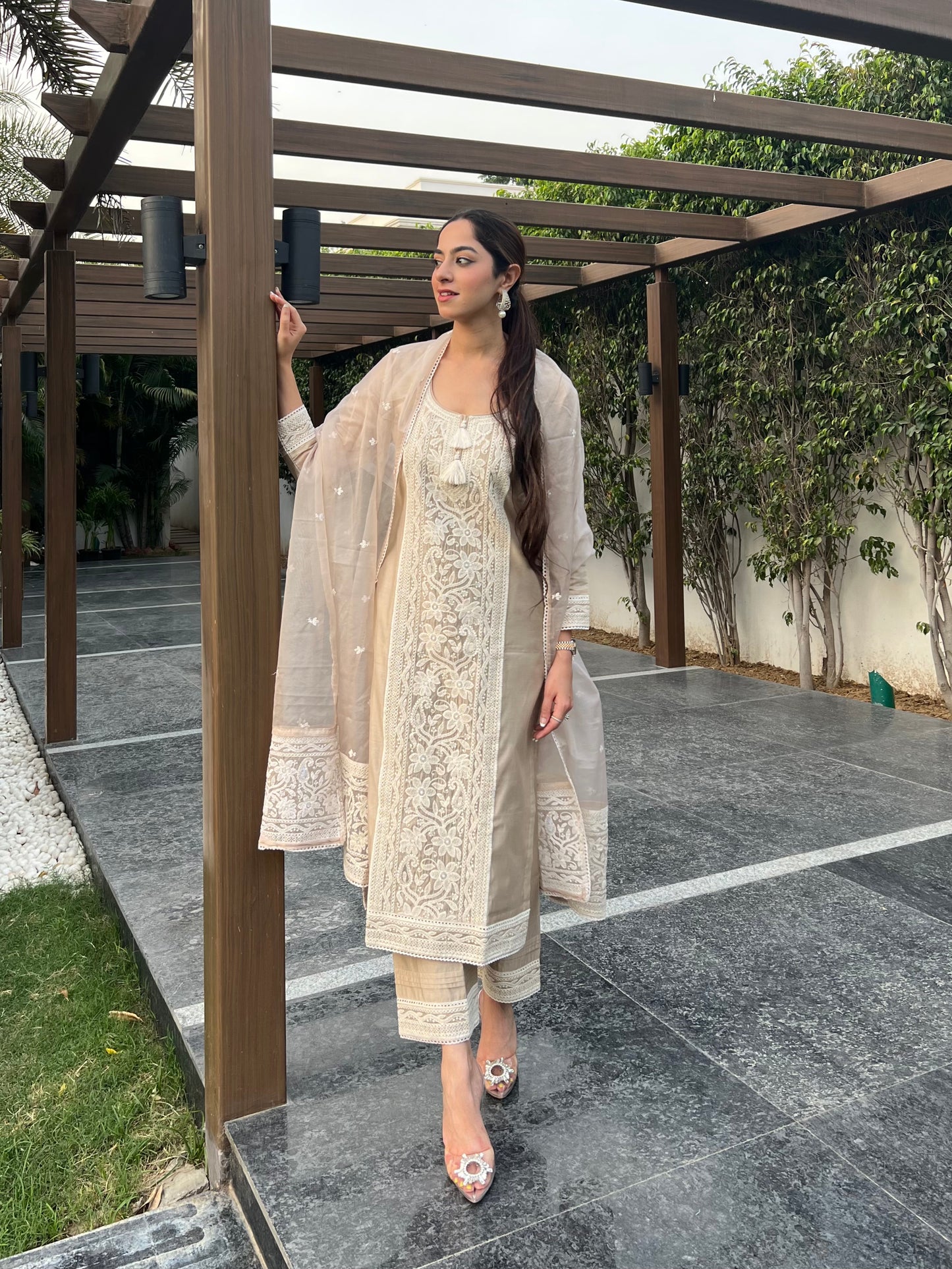 Jasnoor Anand in Hazel Beige Chanderi Suit Set
