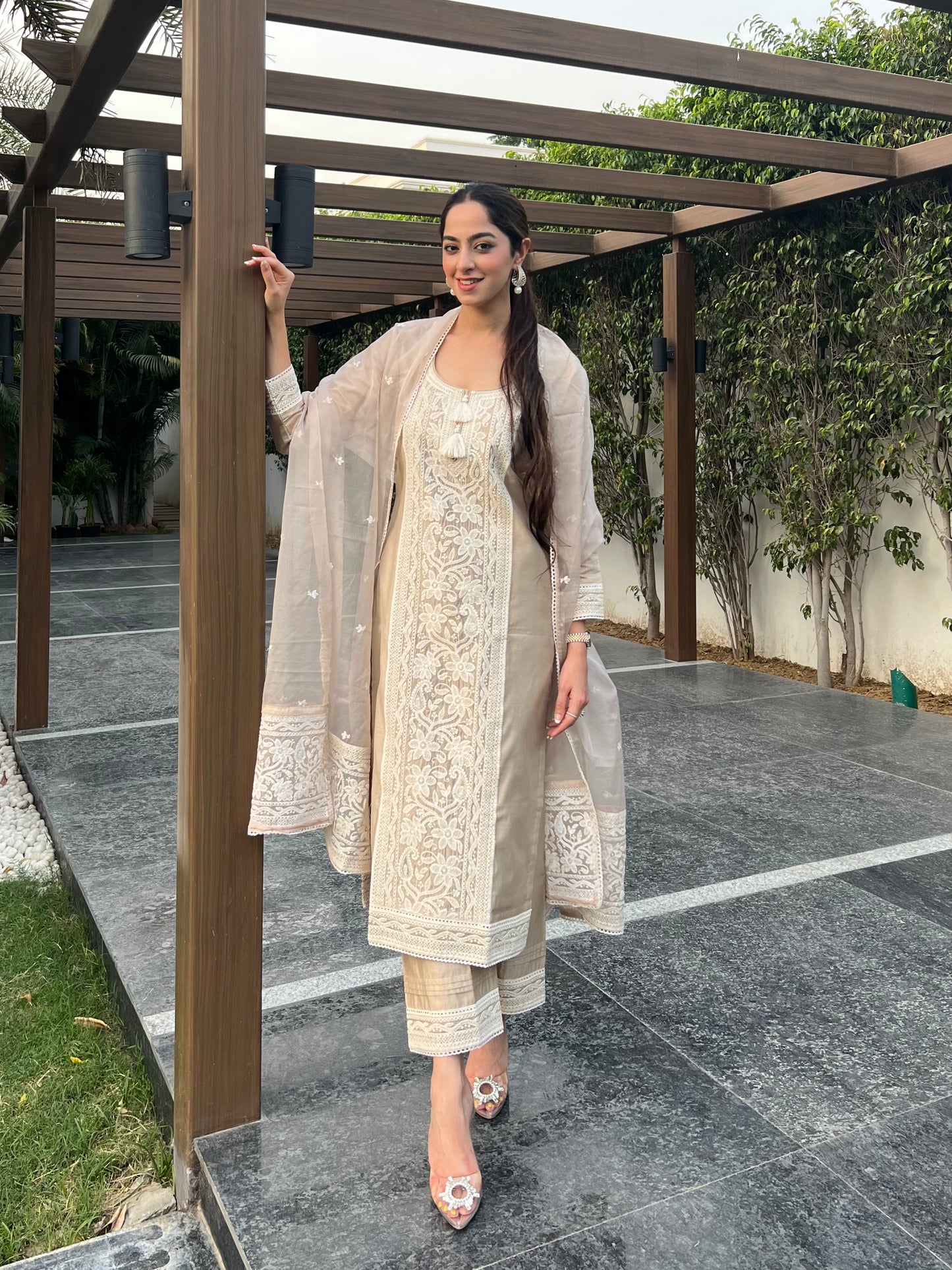 Jasnoor Anand in Hazel Beige Chanderi Suit Set