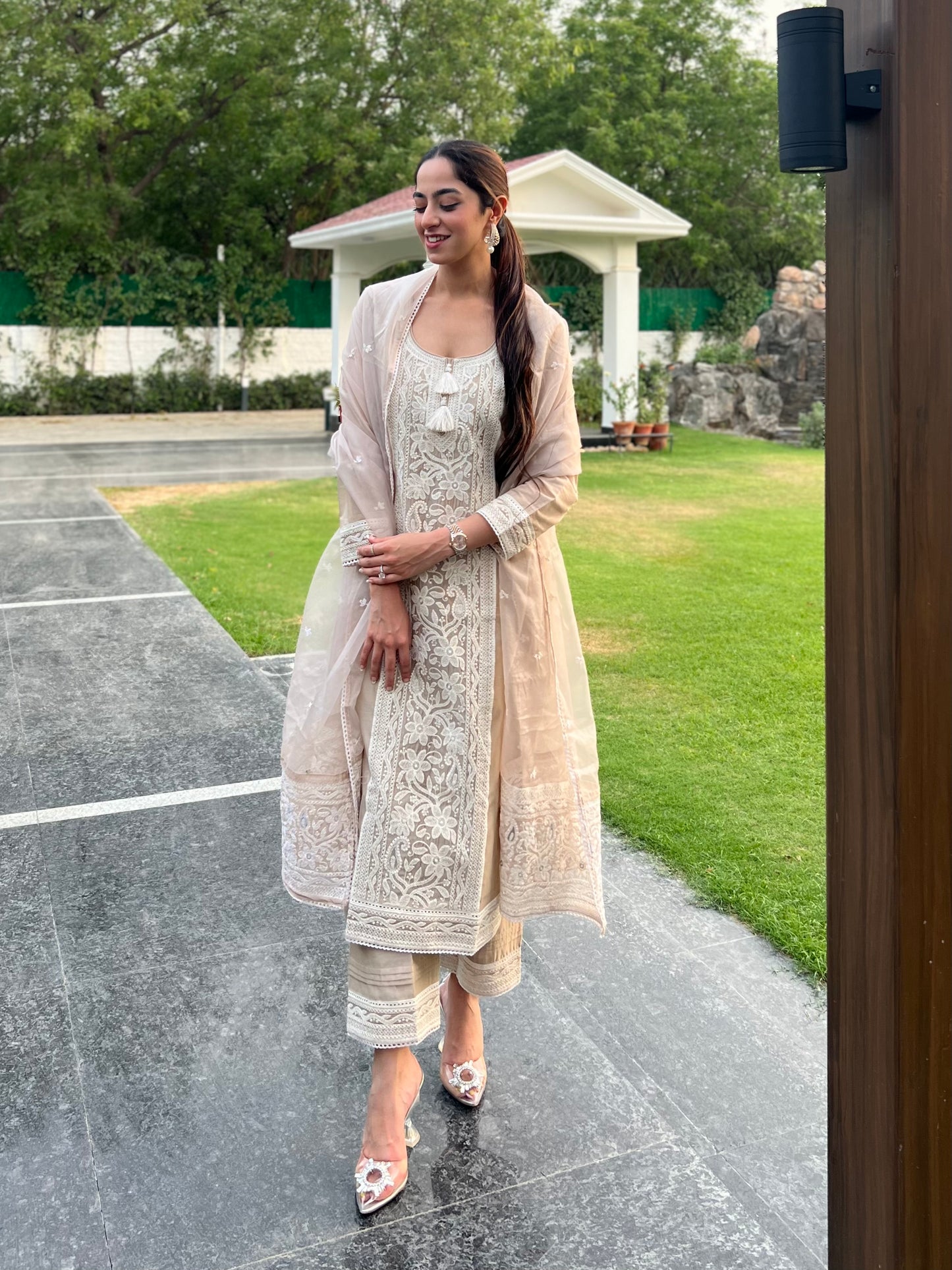 Jasnoor Anand in Hazel Beige Chanderi Suit Set