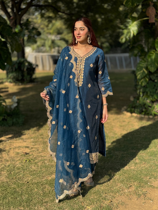 Jasnoor Anand in  Gul- Blue Embroidered Chanderi Suit Set
