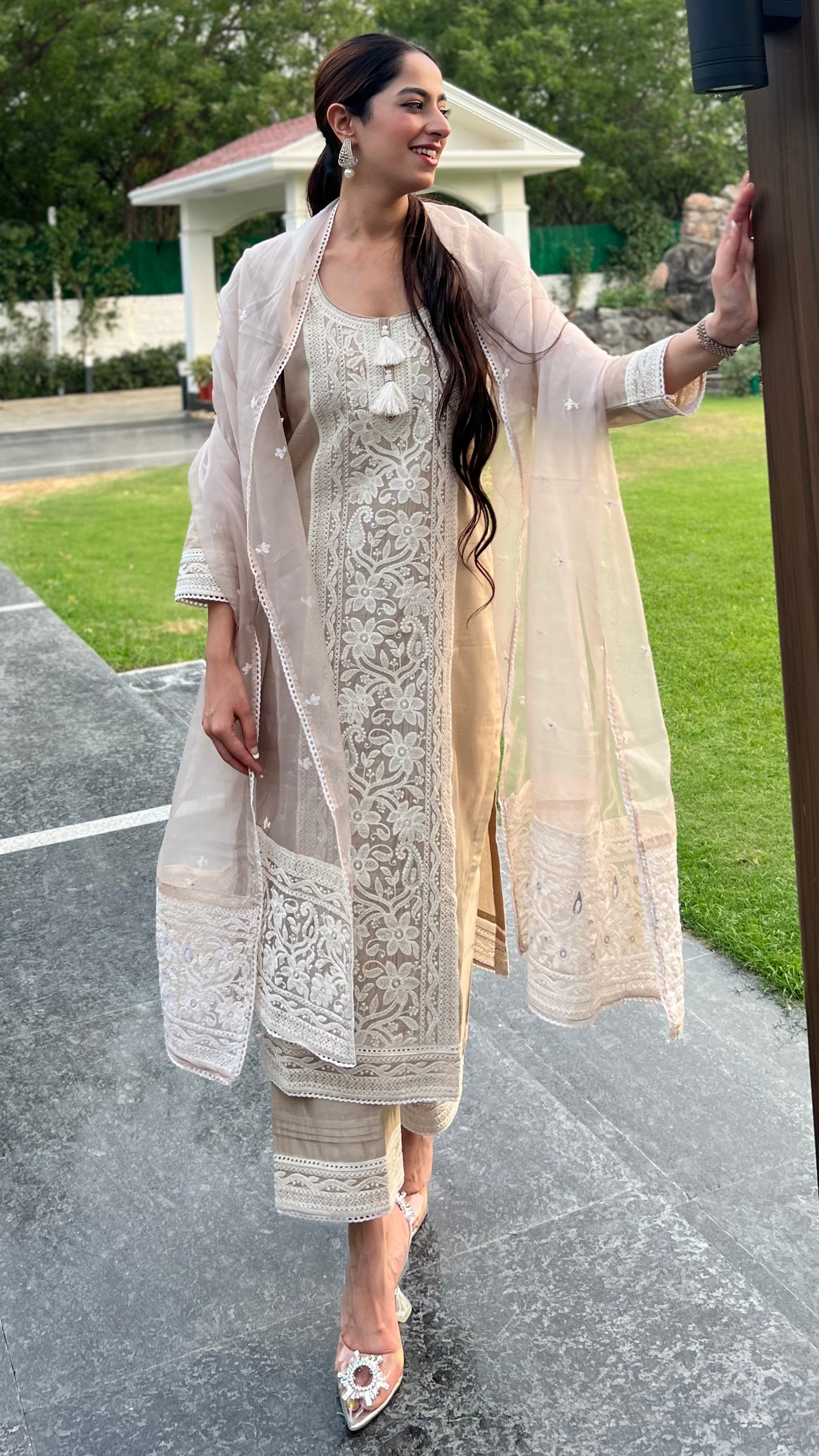 Jasnoor Anand in Hazel Beige Chanderi Suit Set