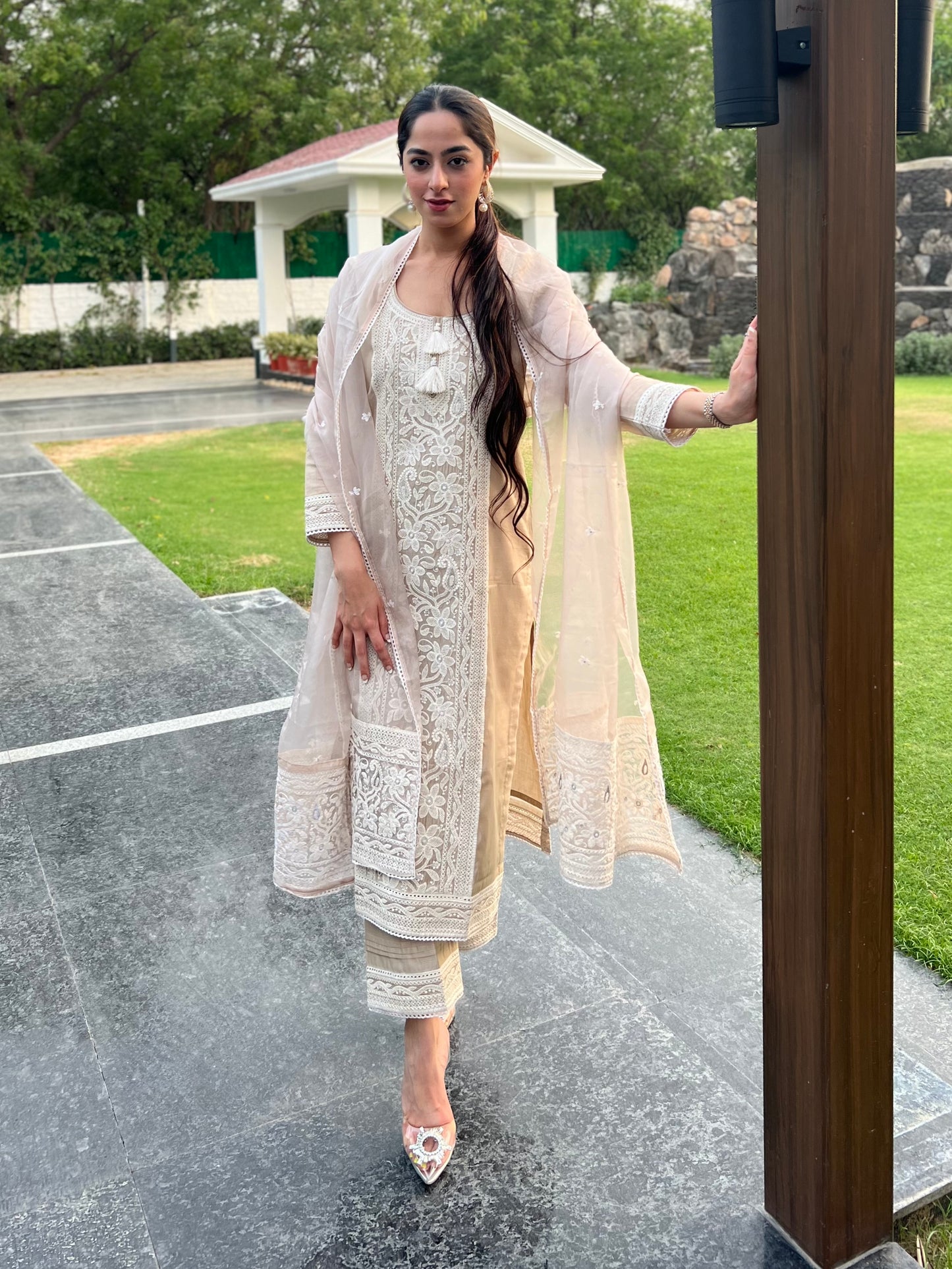 Jasnoor Anand in Hazel Beige Chanderi Suit Set