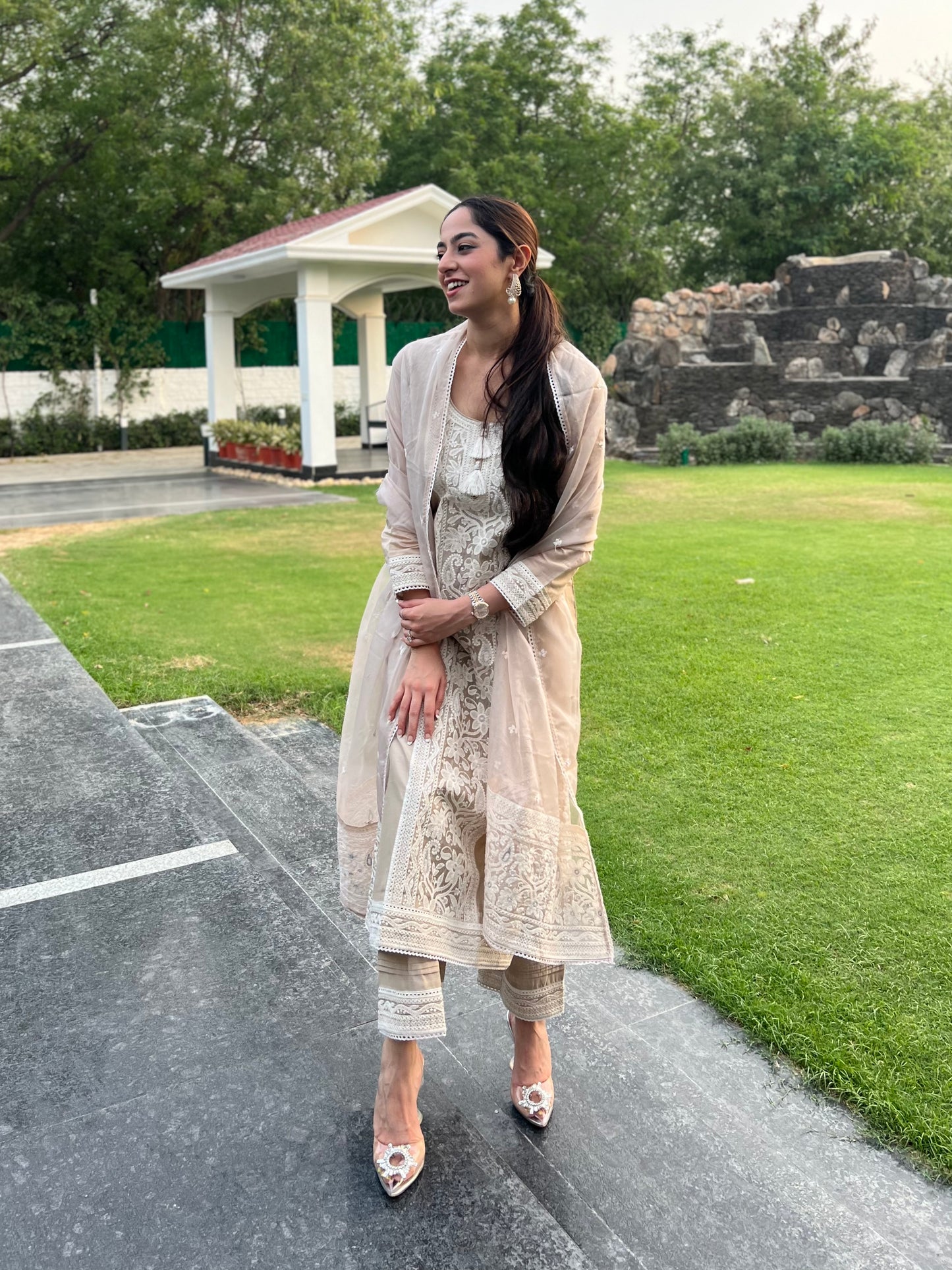 Jasnoor Anand in Hazel Beige Chanderi Suit Set