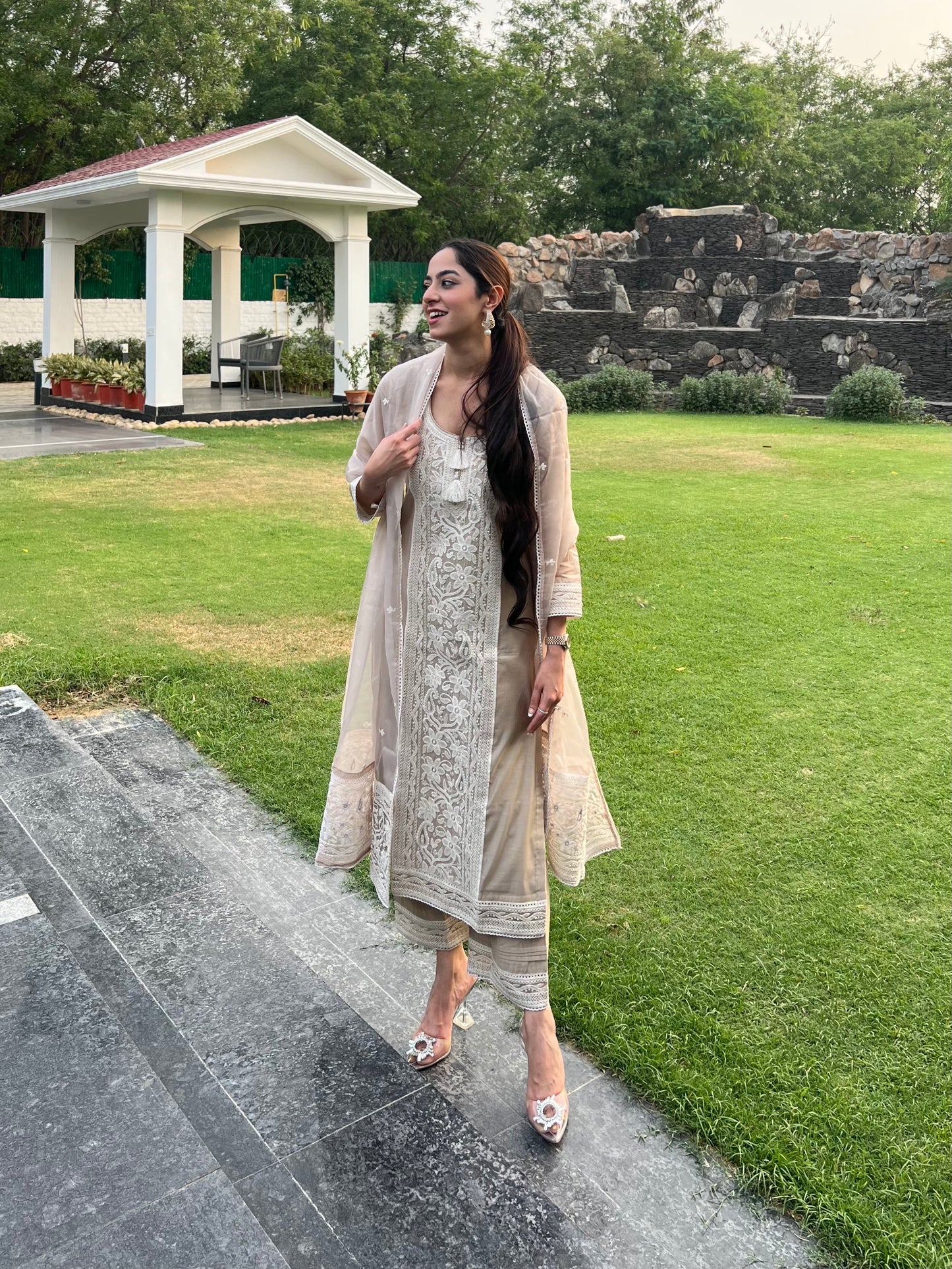 Jasnoor Anand in Hazel Beige Chanderi Suit Set