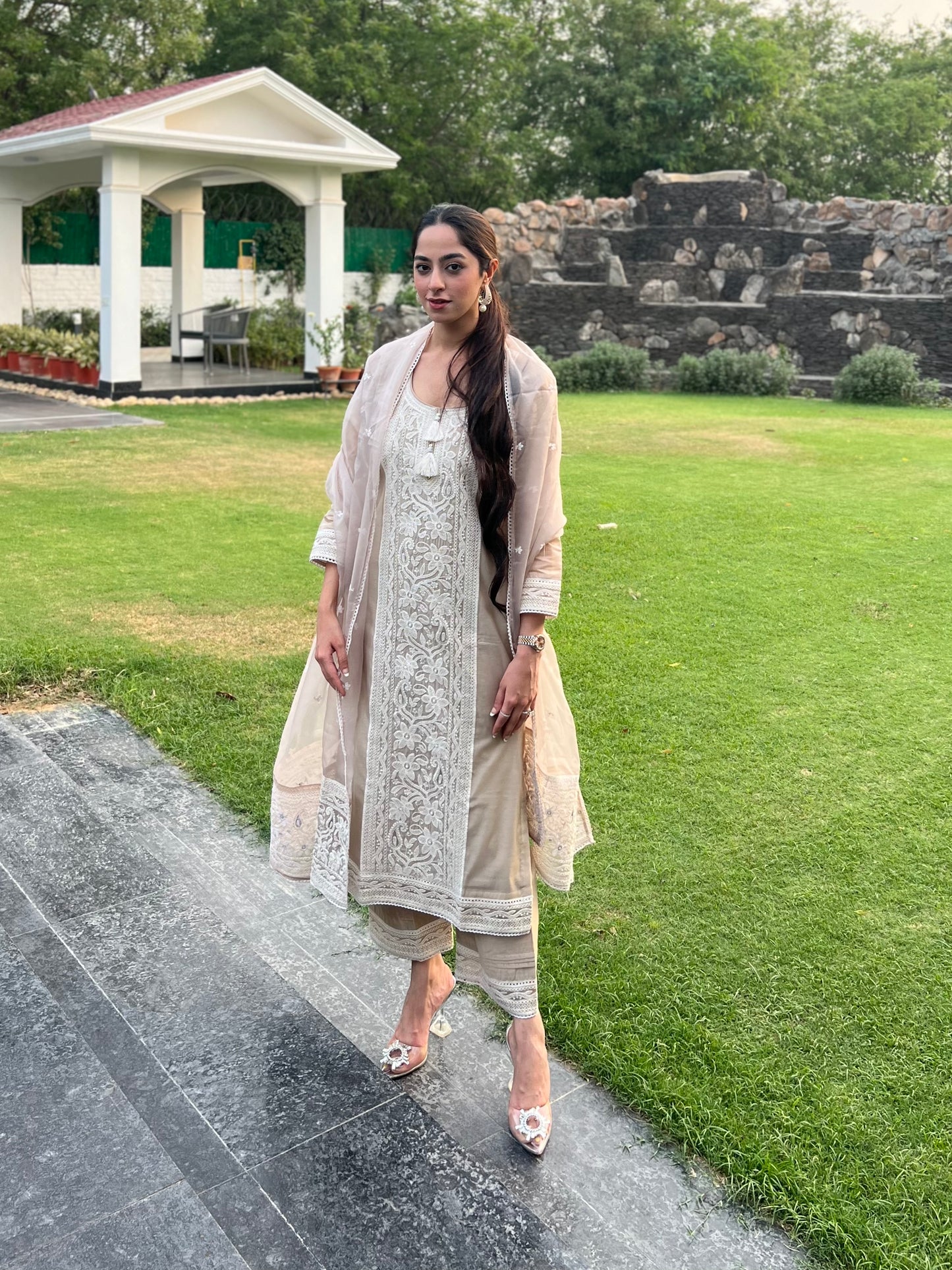 Jasnoor Anand in Hazel Beige Chanderi Suit Set
