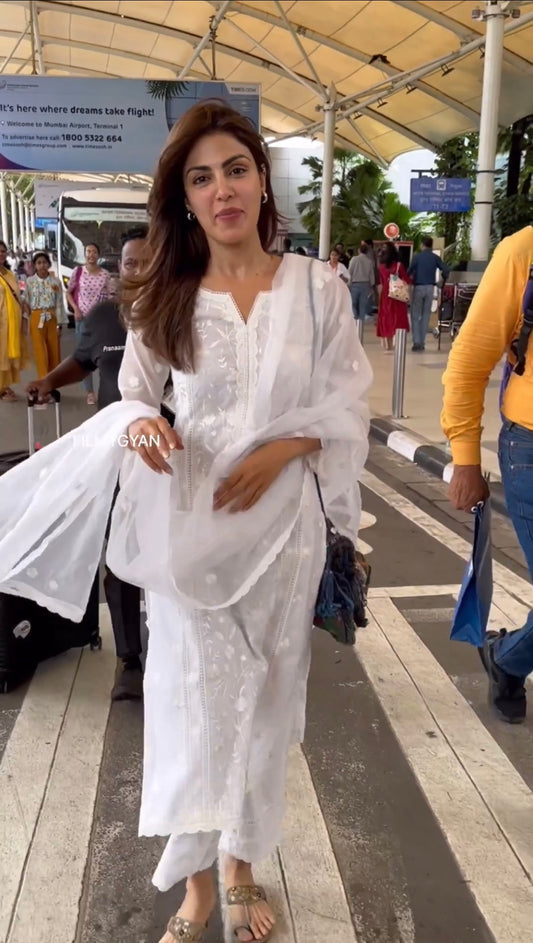 Rhea Chakraborty in Motiya - Egg White Chanderi Embroidered Suit Set.