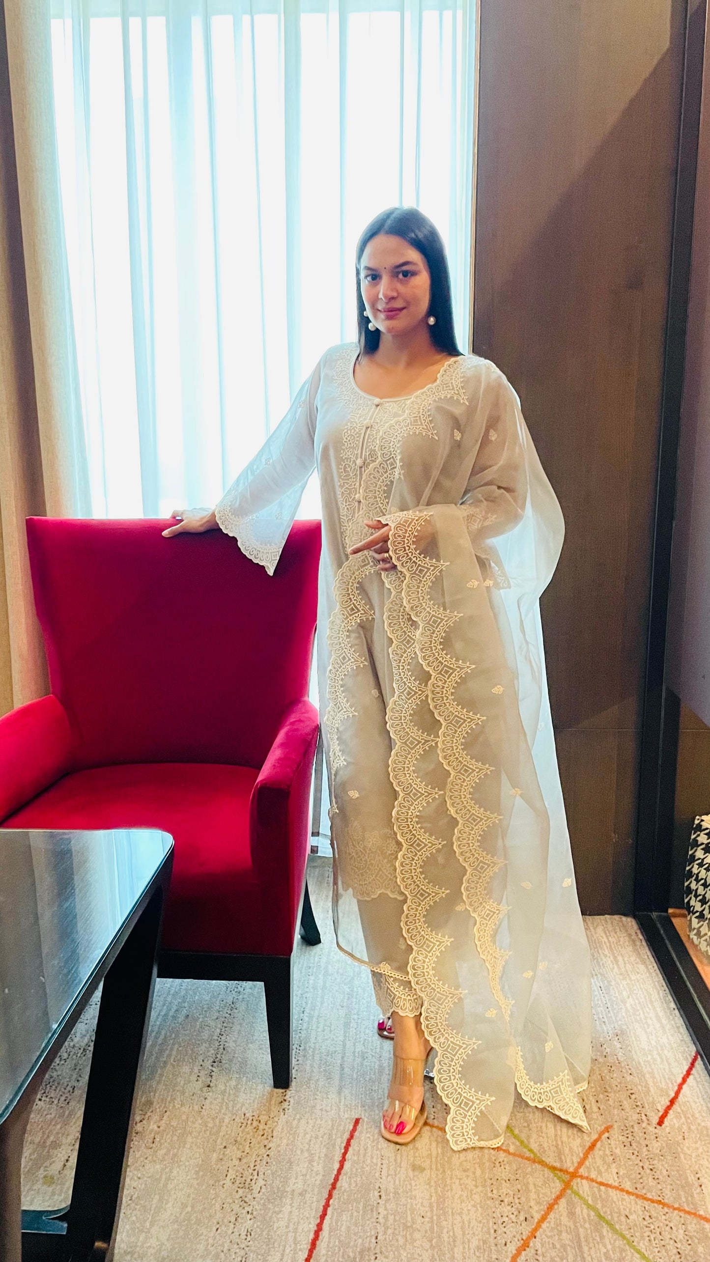 Anu Rao in Silver Grey Chanderi Suit Set