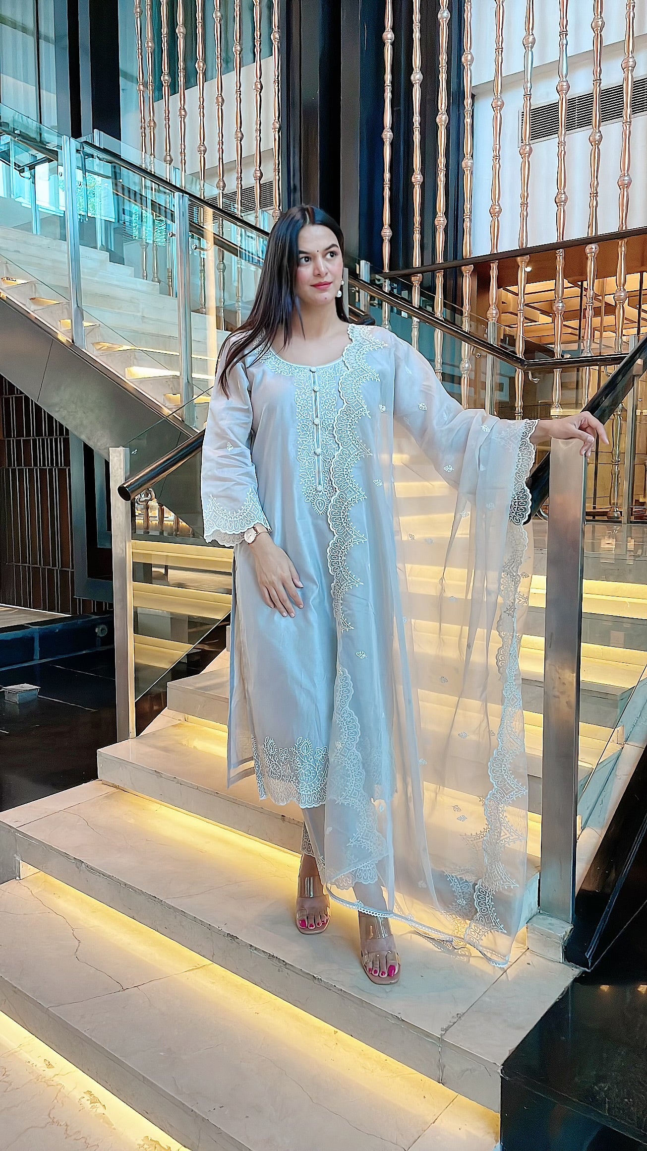Anu Rao in Silver Grey Chanderi Suit Set