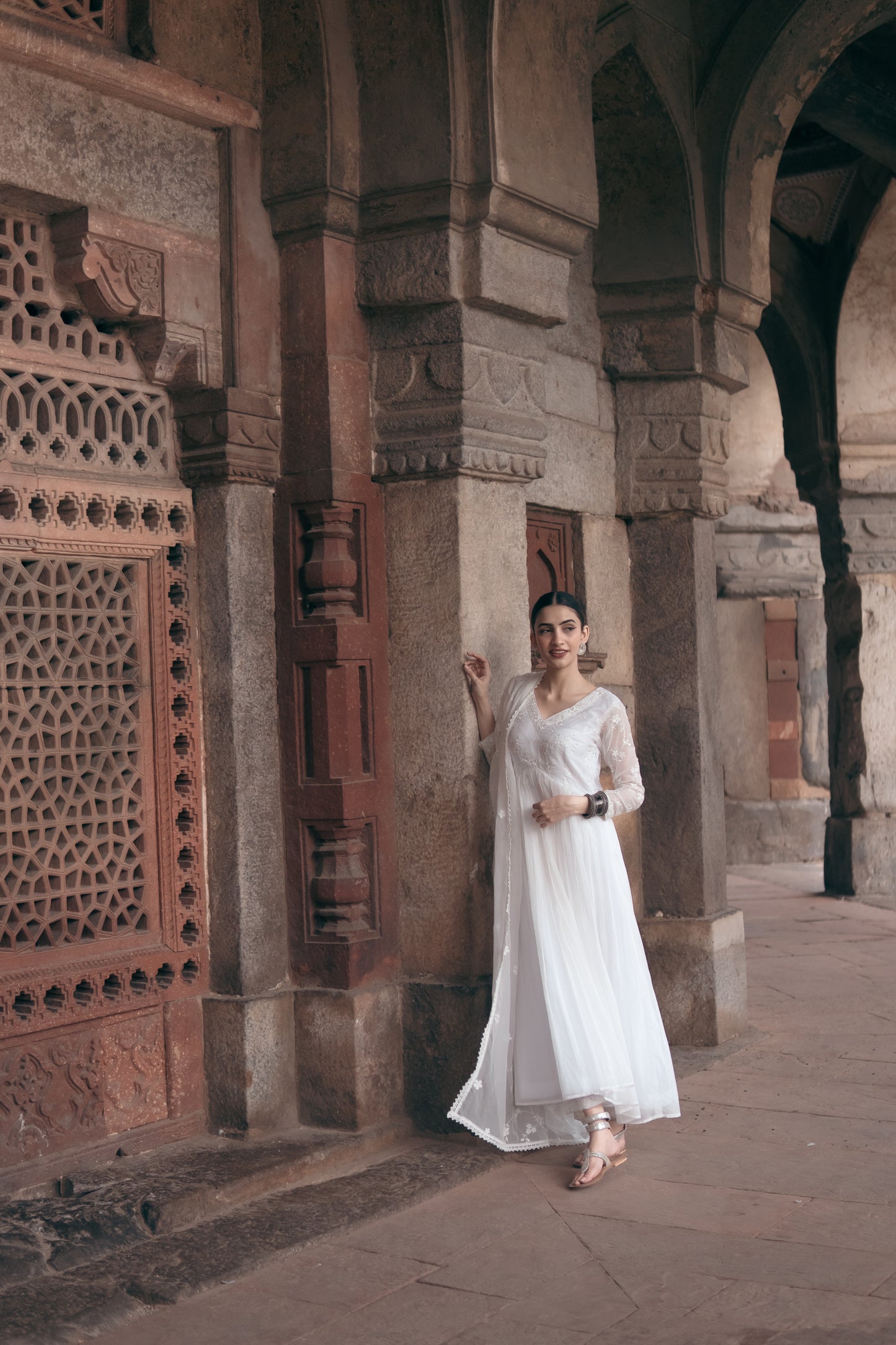 Shreya Lakhani in Aseem Ivory White Embroidered Anarkali Gown Set