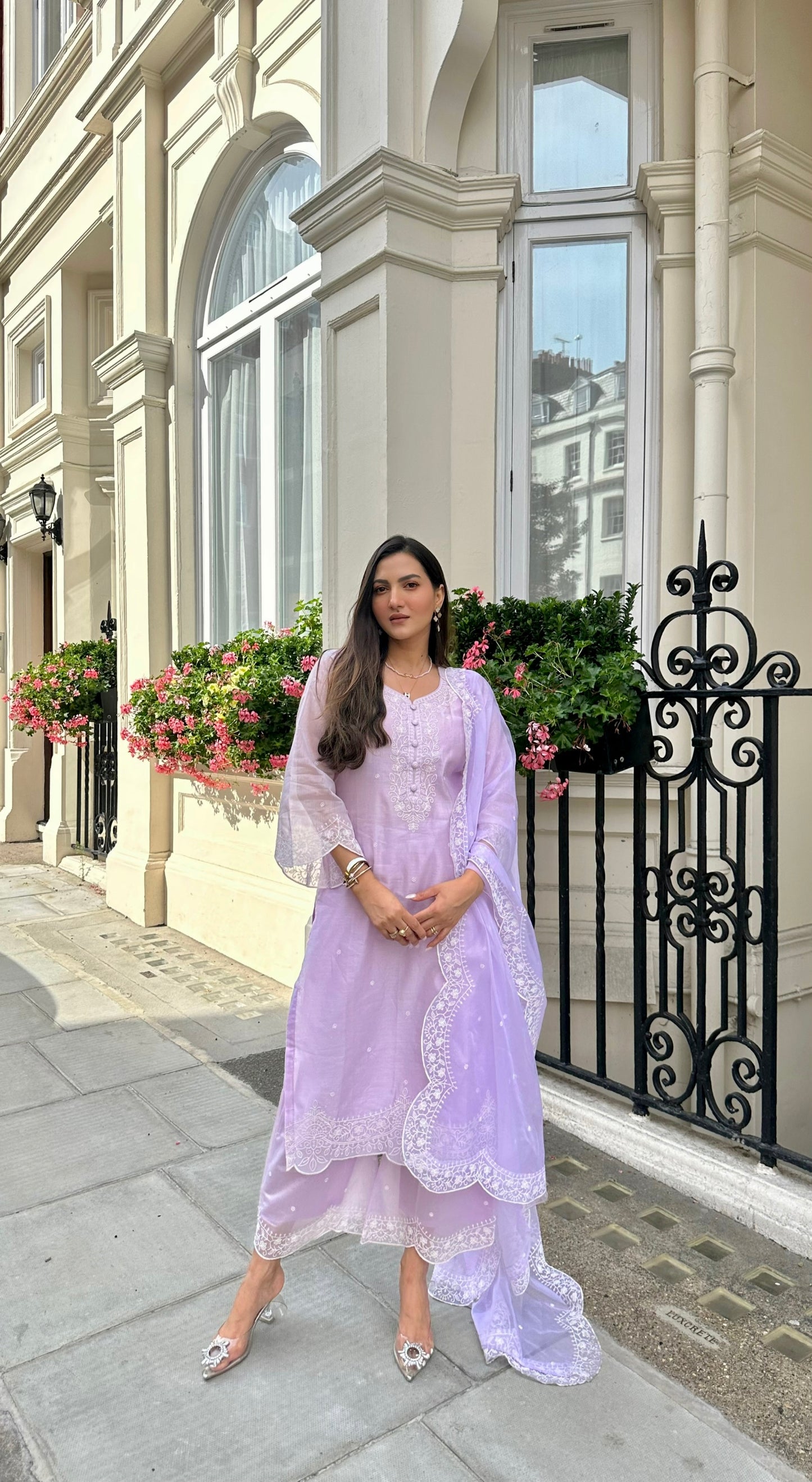 Deviya Singh in Kesar - Lavender Embroidered Suit Set.