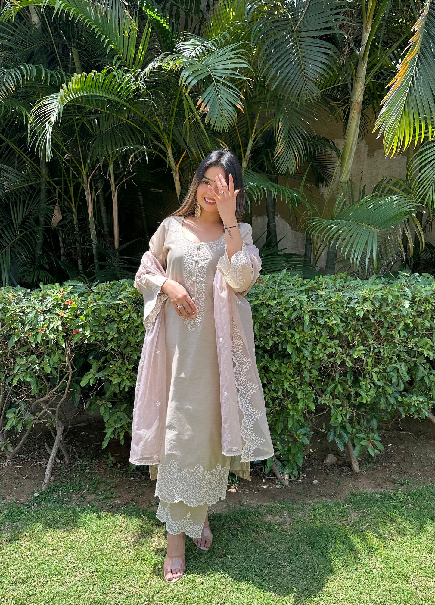 Heena Sachdeva in in Hazel Beige Chanderi Suit Set