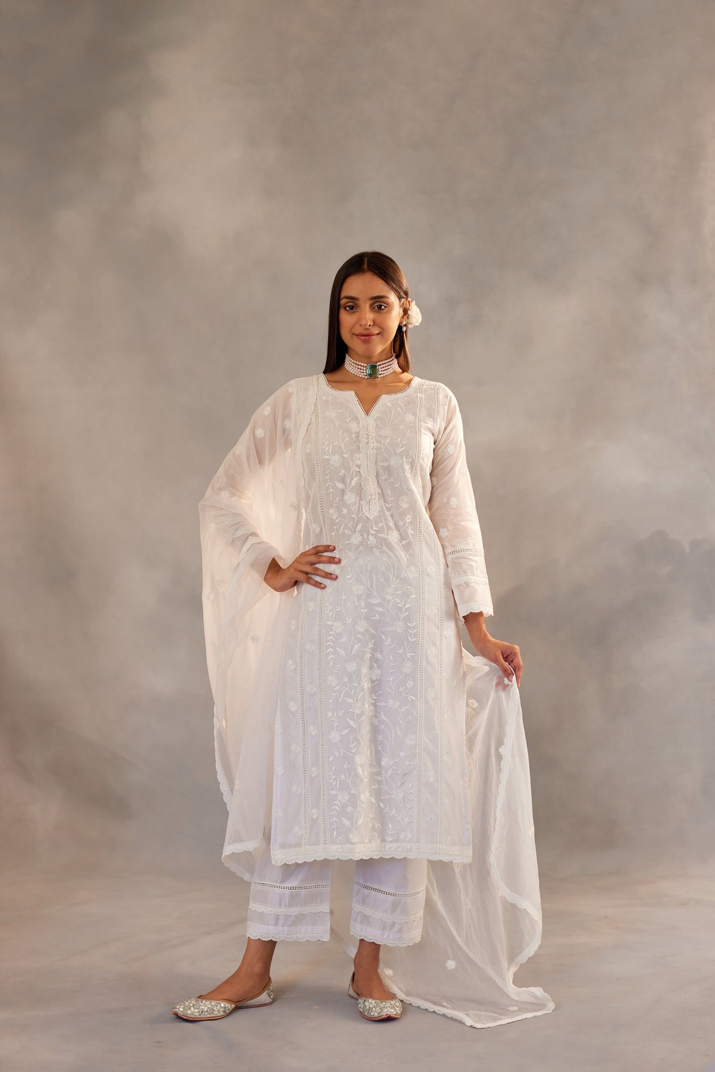 Rhea Chakraborty in Motiya - Egg White Chanderi Embroidered Suit Set.