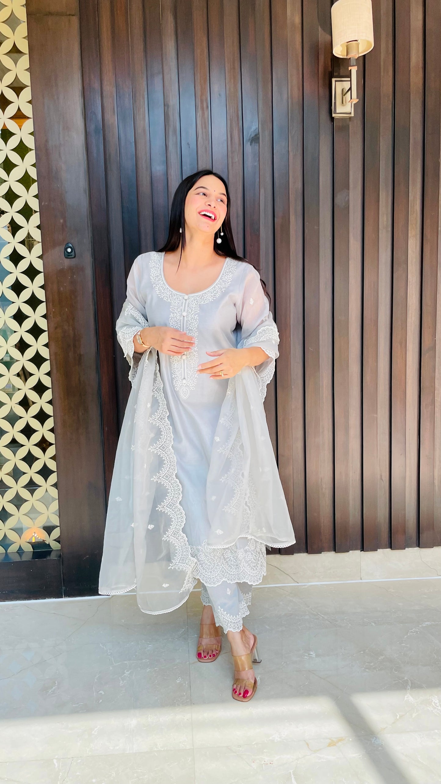 Anu Rao in Silver Grey Chanderi Suit Set