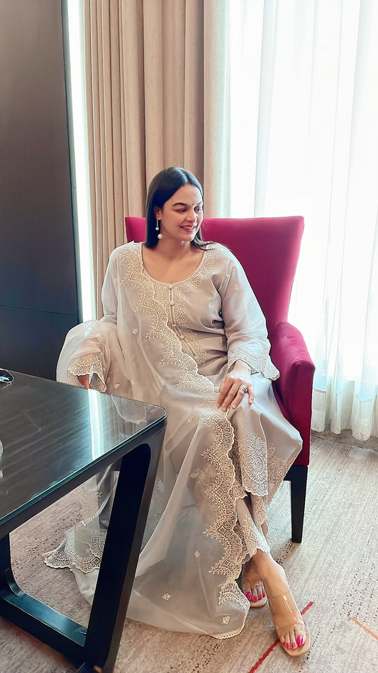 Anu Rao in Silver Grey Chanderi Suit Set