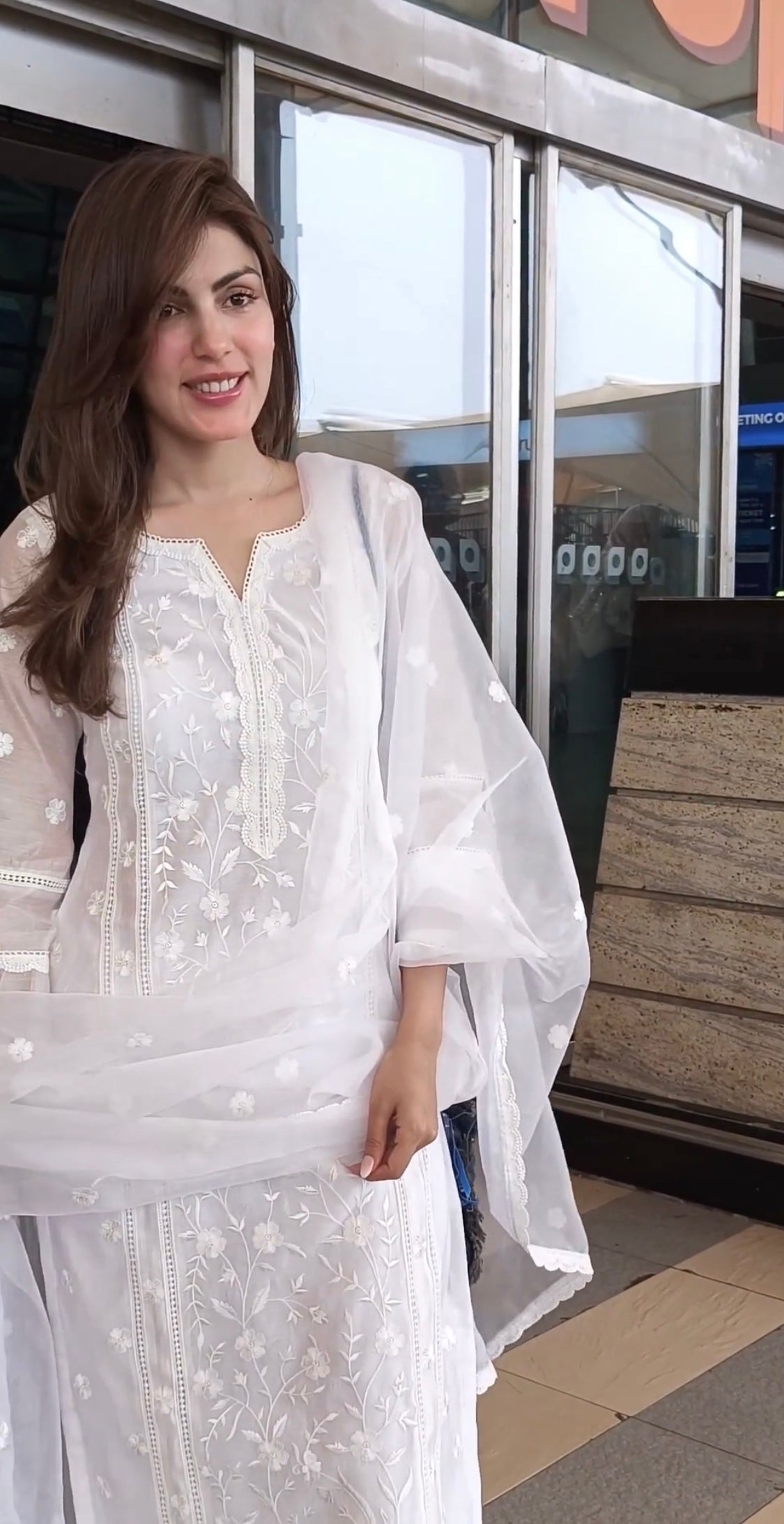 Rhea Chakraborty in Motiya - Egg White Chanderi Embroidered Suit Set.