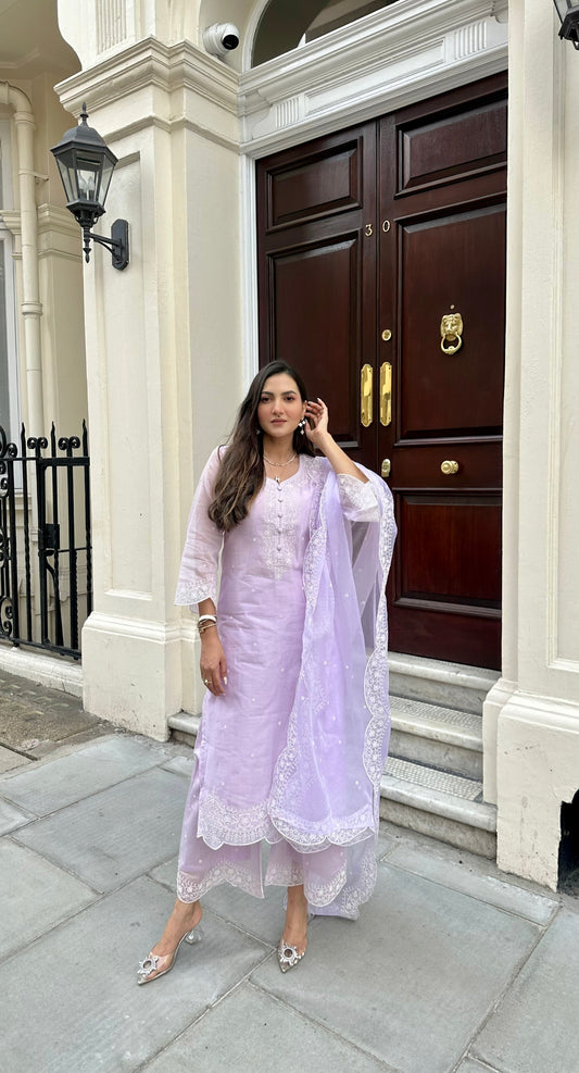 Deviya Singh in Kesar - Lavender Embroidered Suit Set.