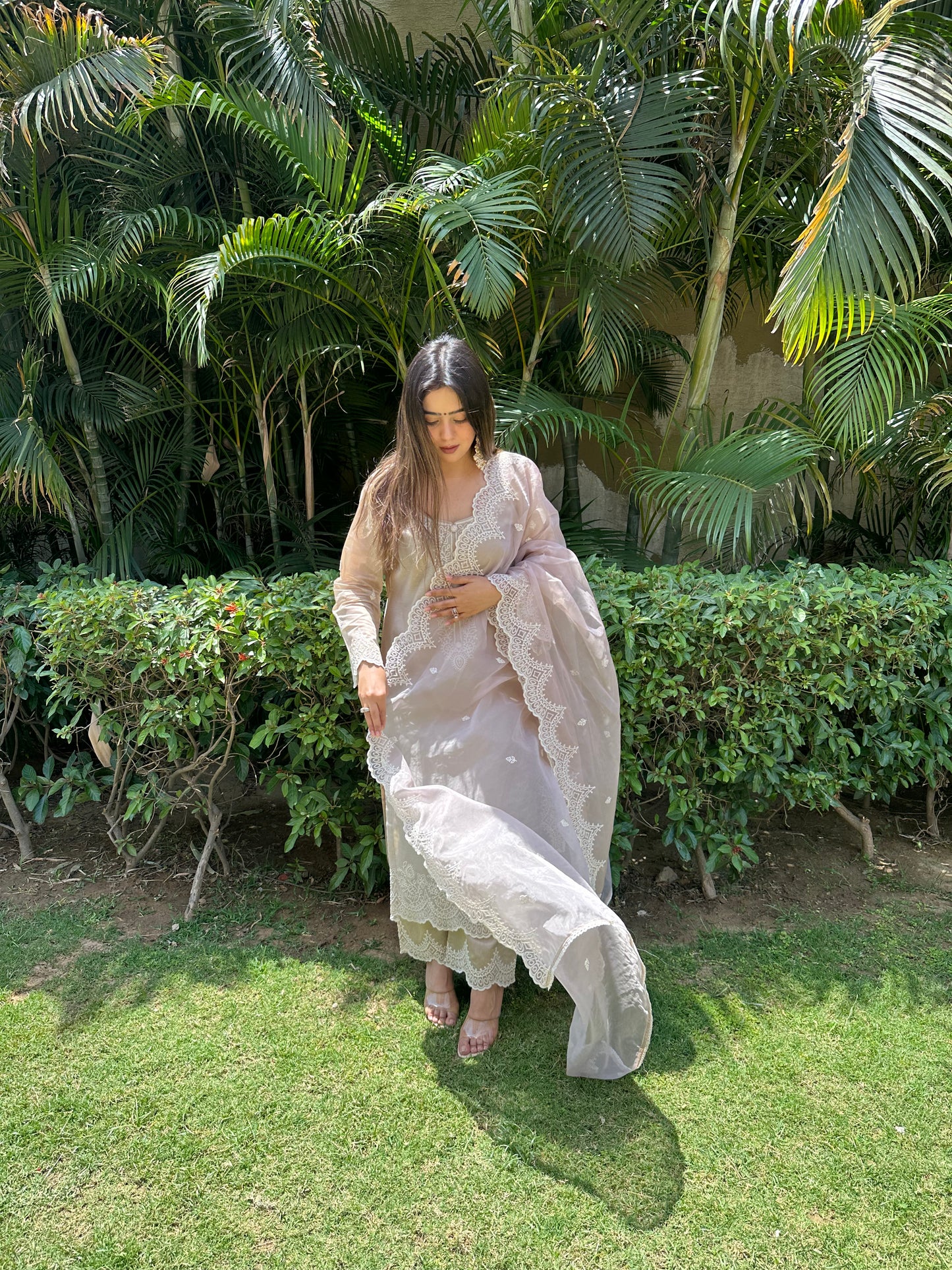 Heena Sachdeva in in Hazel Beige Chanderi Suit Set