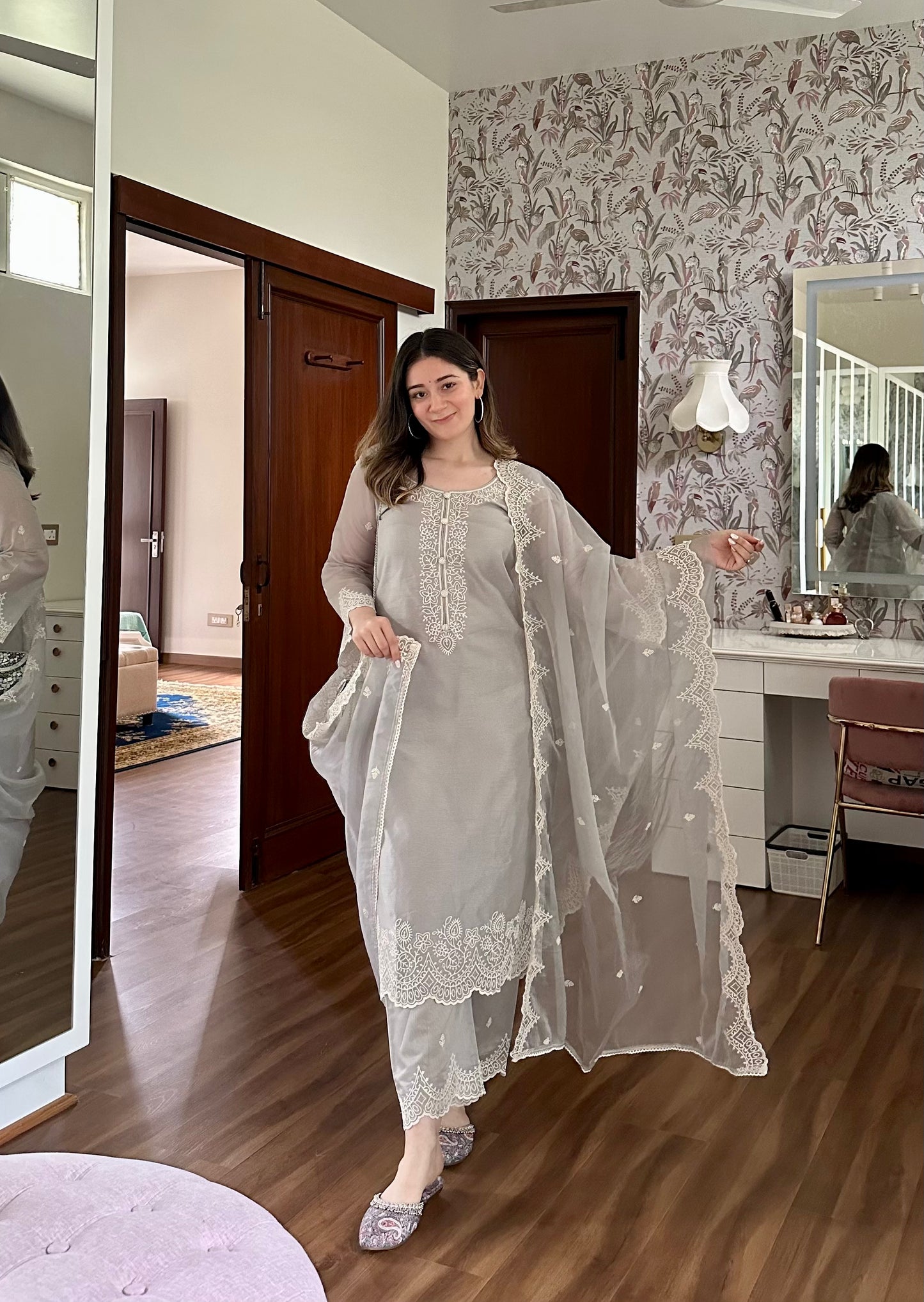 Sana Grover in Silver Grey Chanderi Suit Set